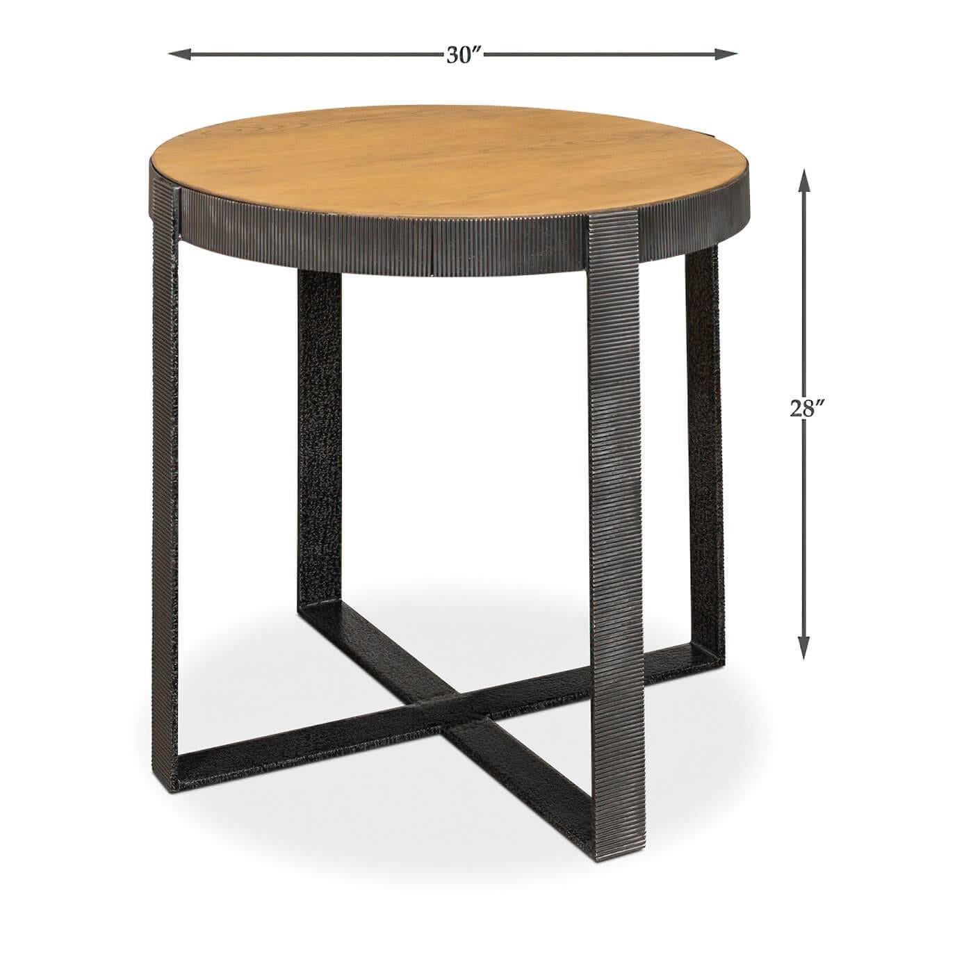 Round Industrial Walnut and Iron Side Table For Sale 1