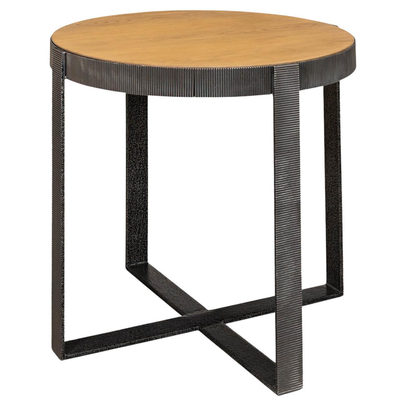 Round Industrial Walnut and Iron Side Table For Sale