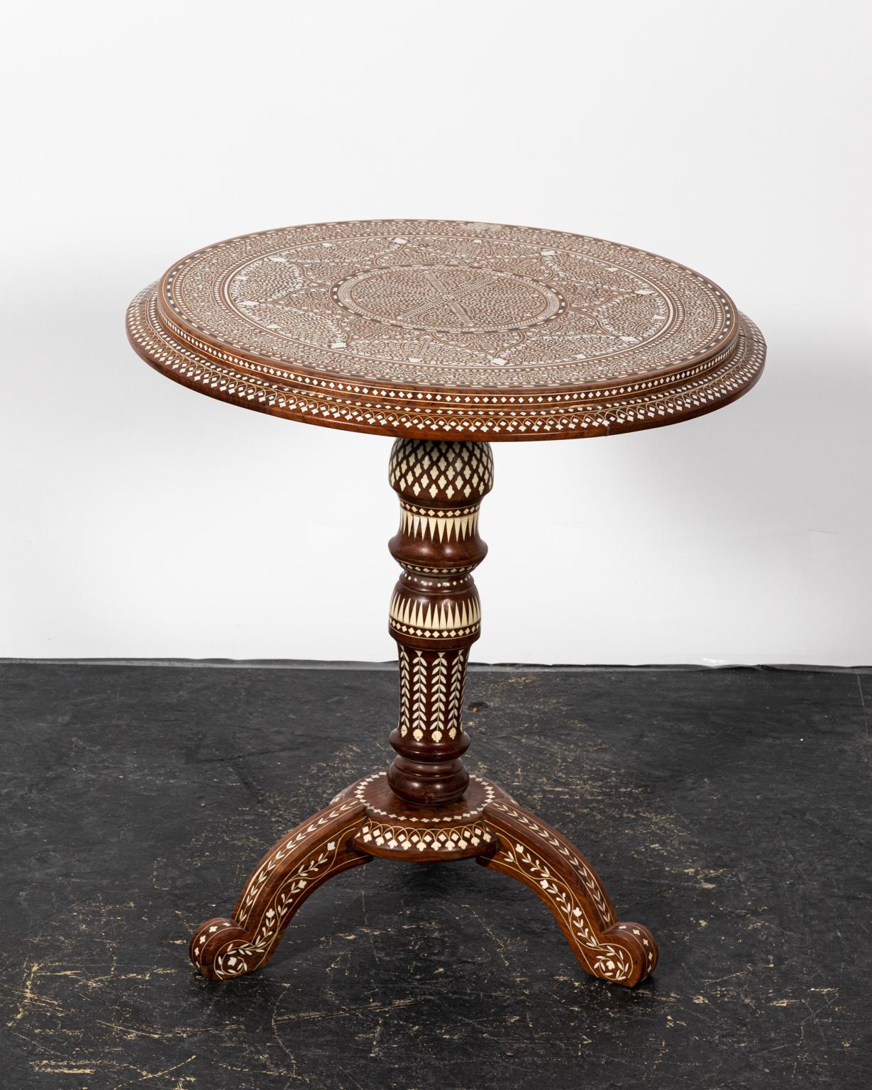 20th Century Round Inlaid Wood Pedestal Table