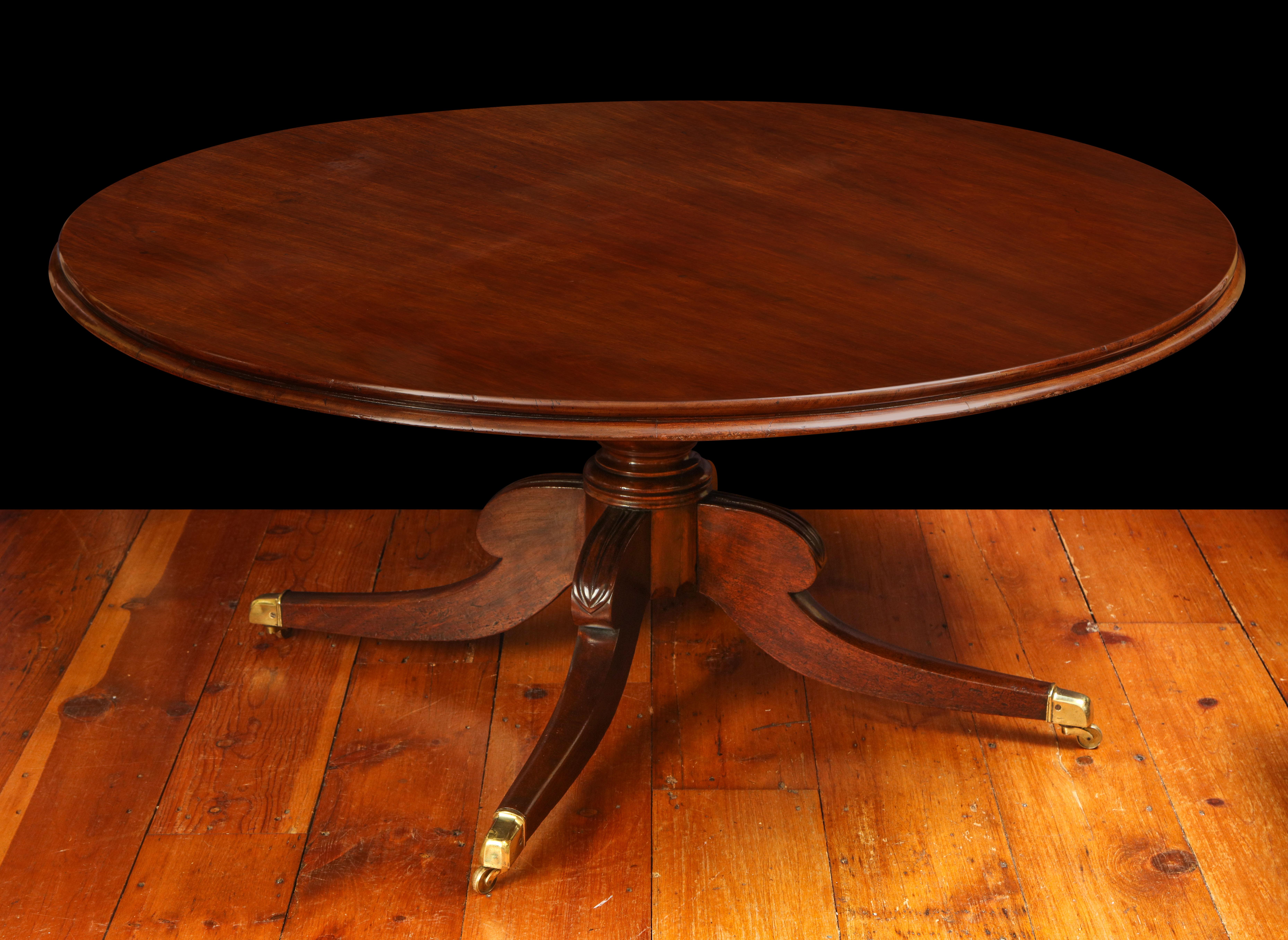 Fine Irish Circular Tilt-Top Dining/Breakfast Table, the solid top with double moulded rounded edge on a quadruped splayed base ending in brass caps and casters. Irish circa 1840 Attributed to Mack & Gibton, Dublin Cabinetmakers. The twin top