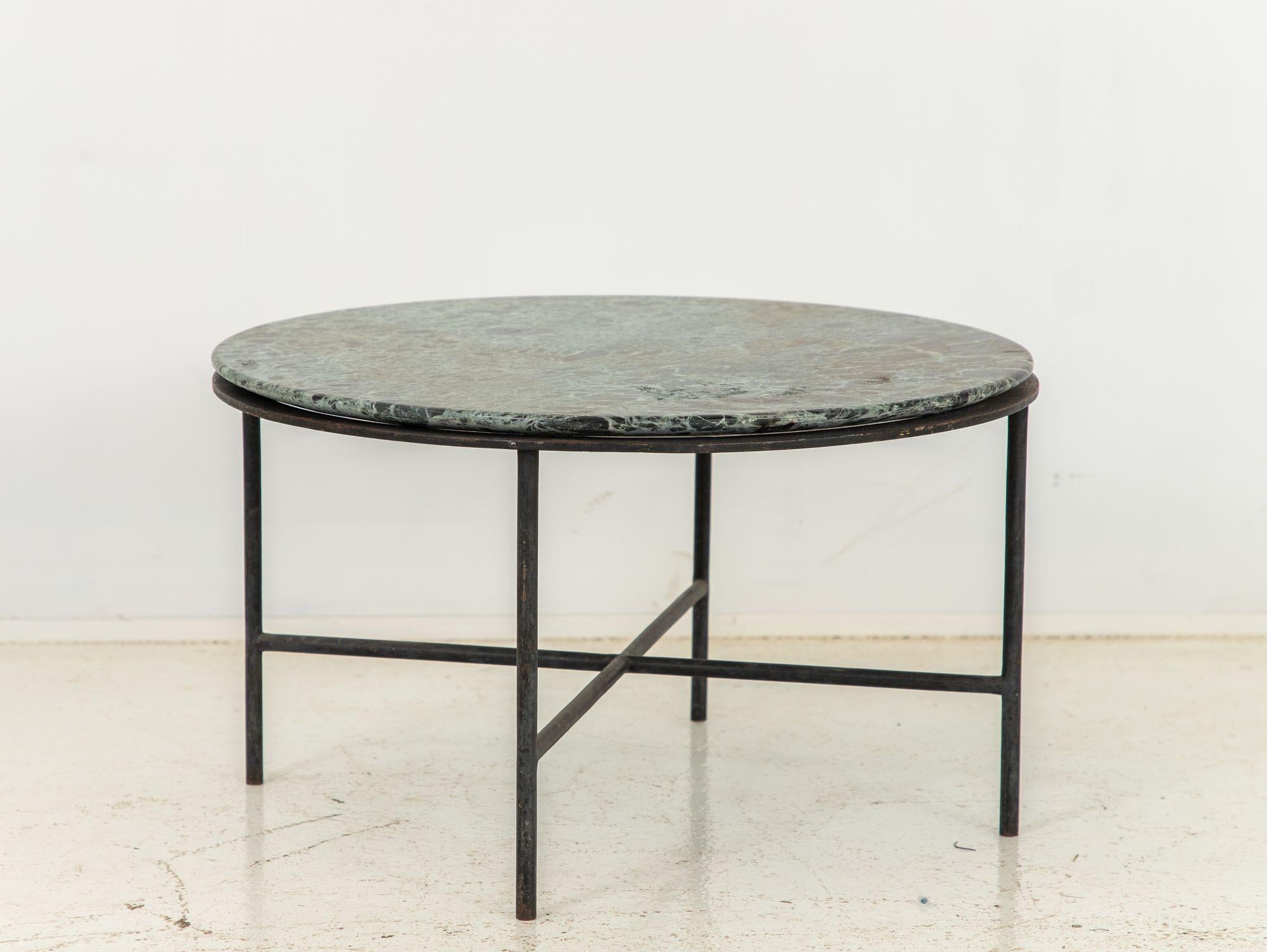 French Round Iron base Cocktail Table with Green Marble Top, France 1960s For Sale