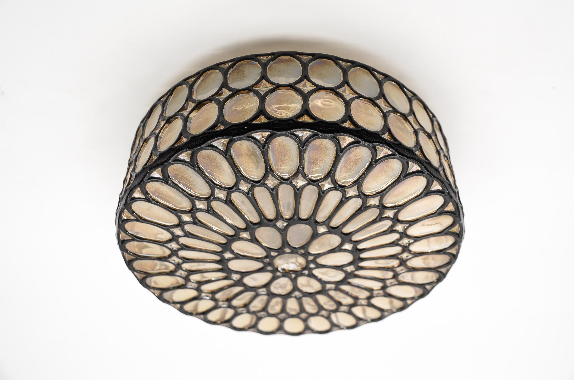 Mid-Century Modern Round Iron Rings Glass Flush Mount Ceiling / Wall Light, 1960s Germany For Sale