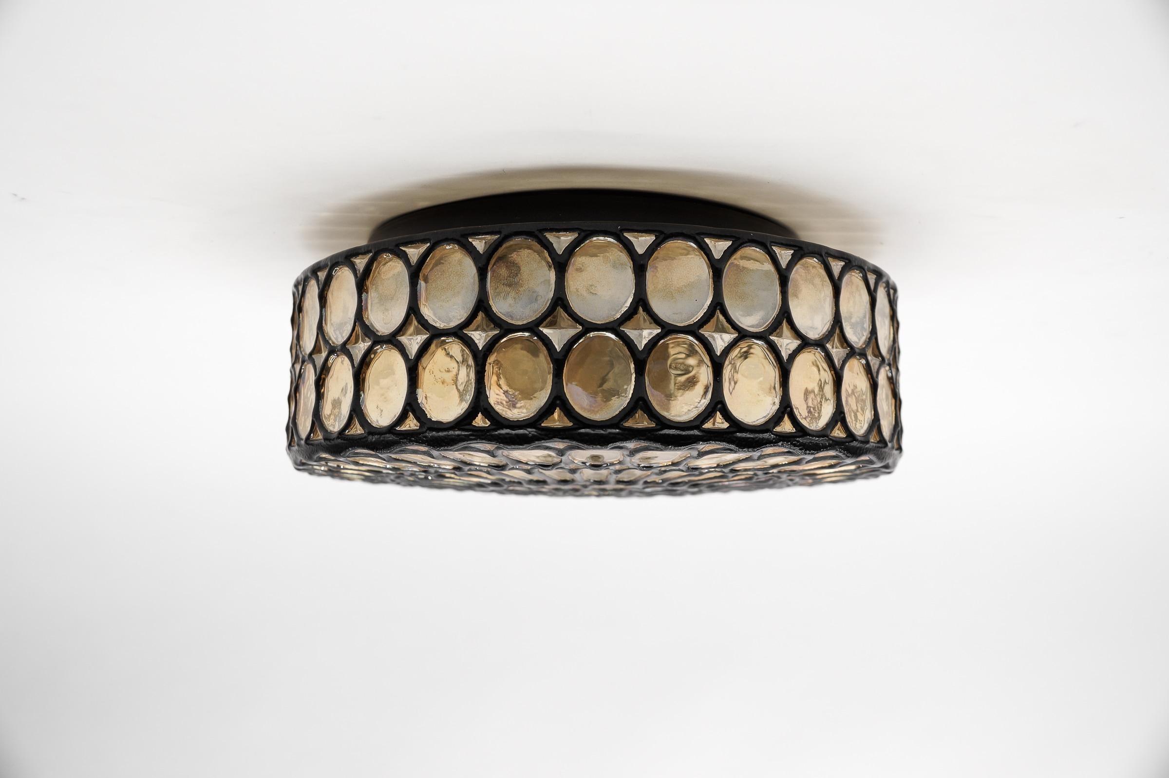 Mid-20th Century Round Iron Rings Glass Flush Mount Ceiling / Wall Light, 1960s Germany For Sale