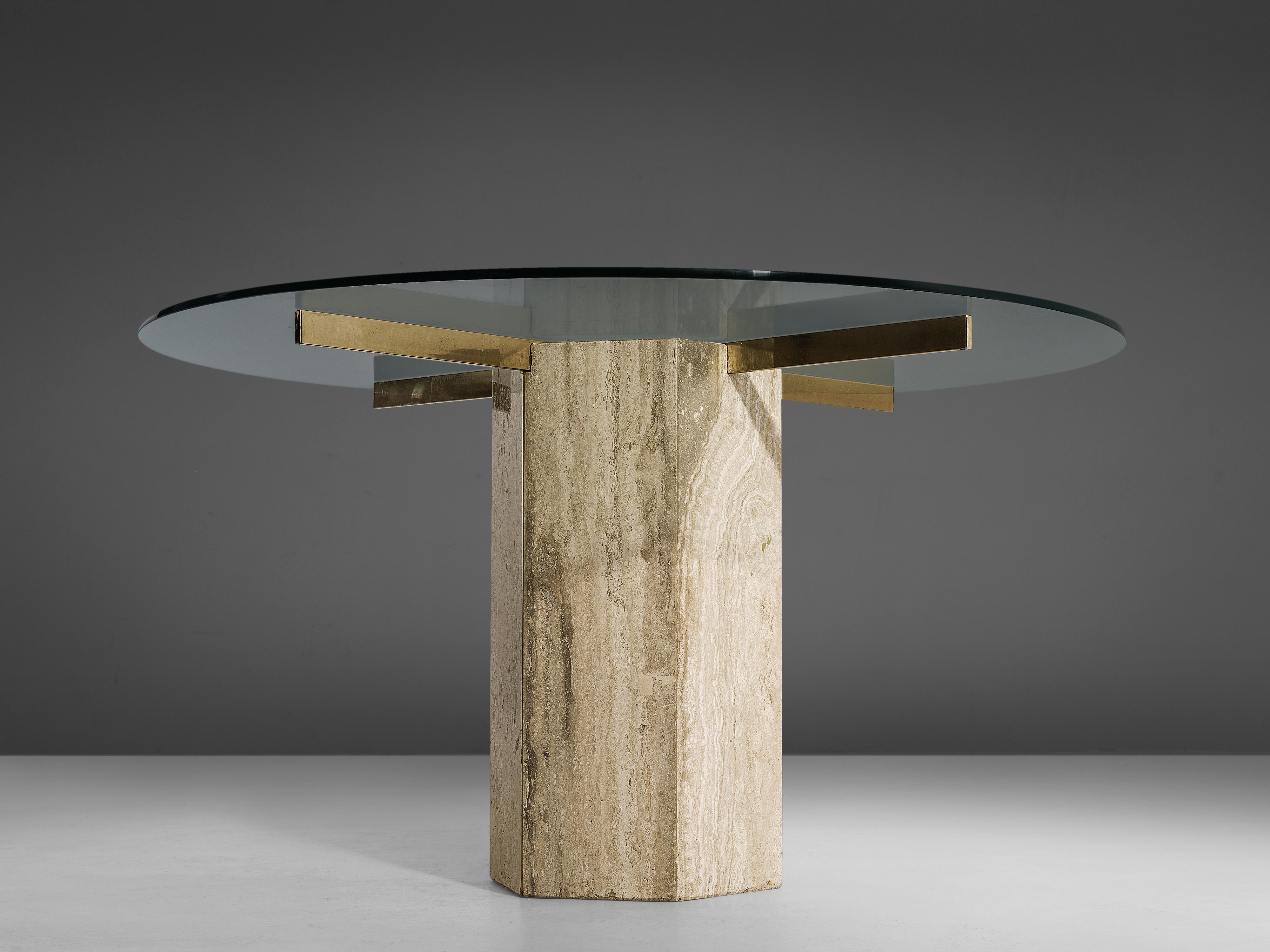 Mid-Century Modern Round Italian Dining Table in Travertine, Brass and Glass