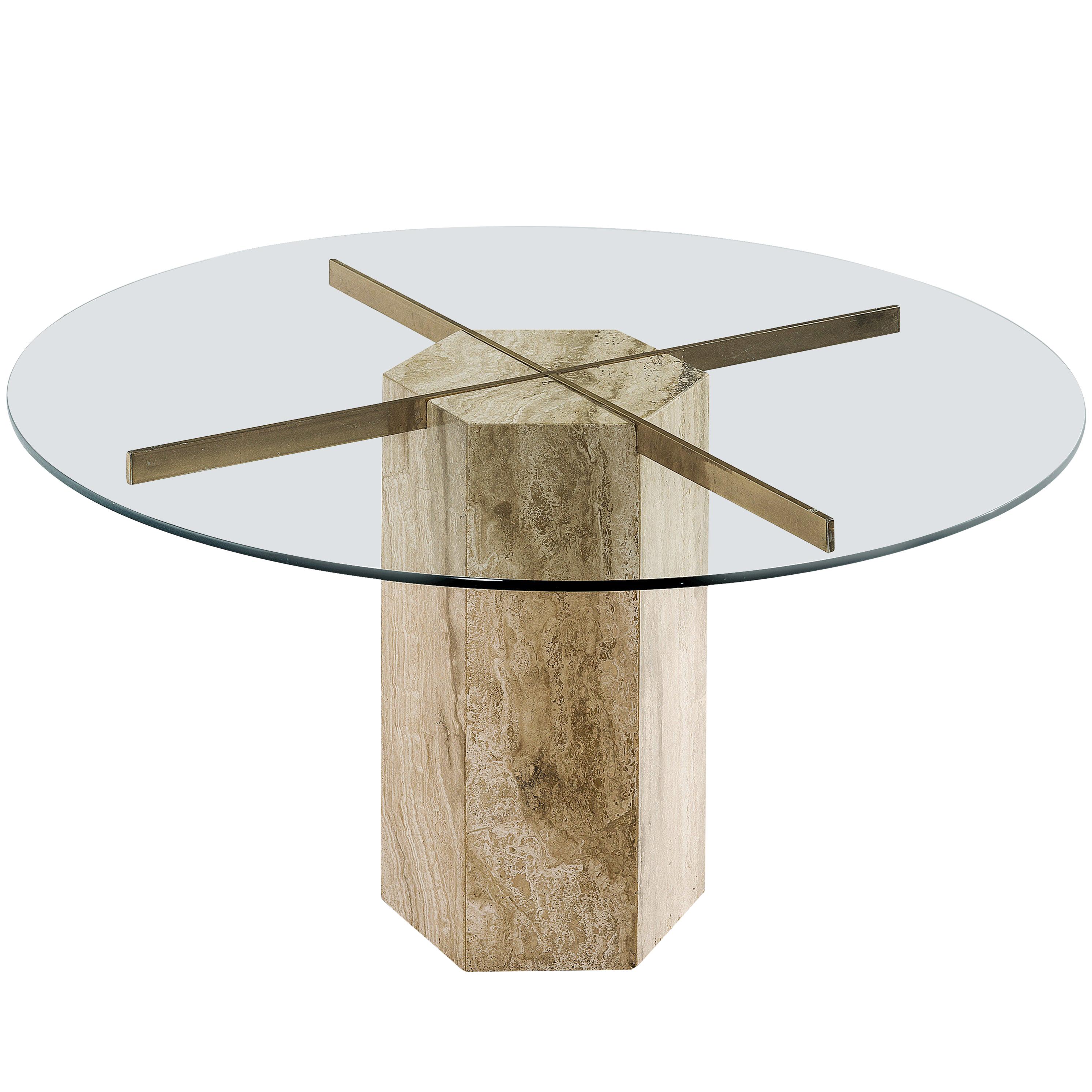 Round Italian Dining Table in Travertine, Brass and Glass
