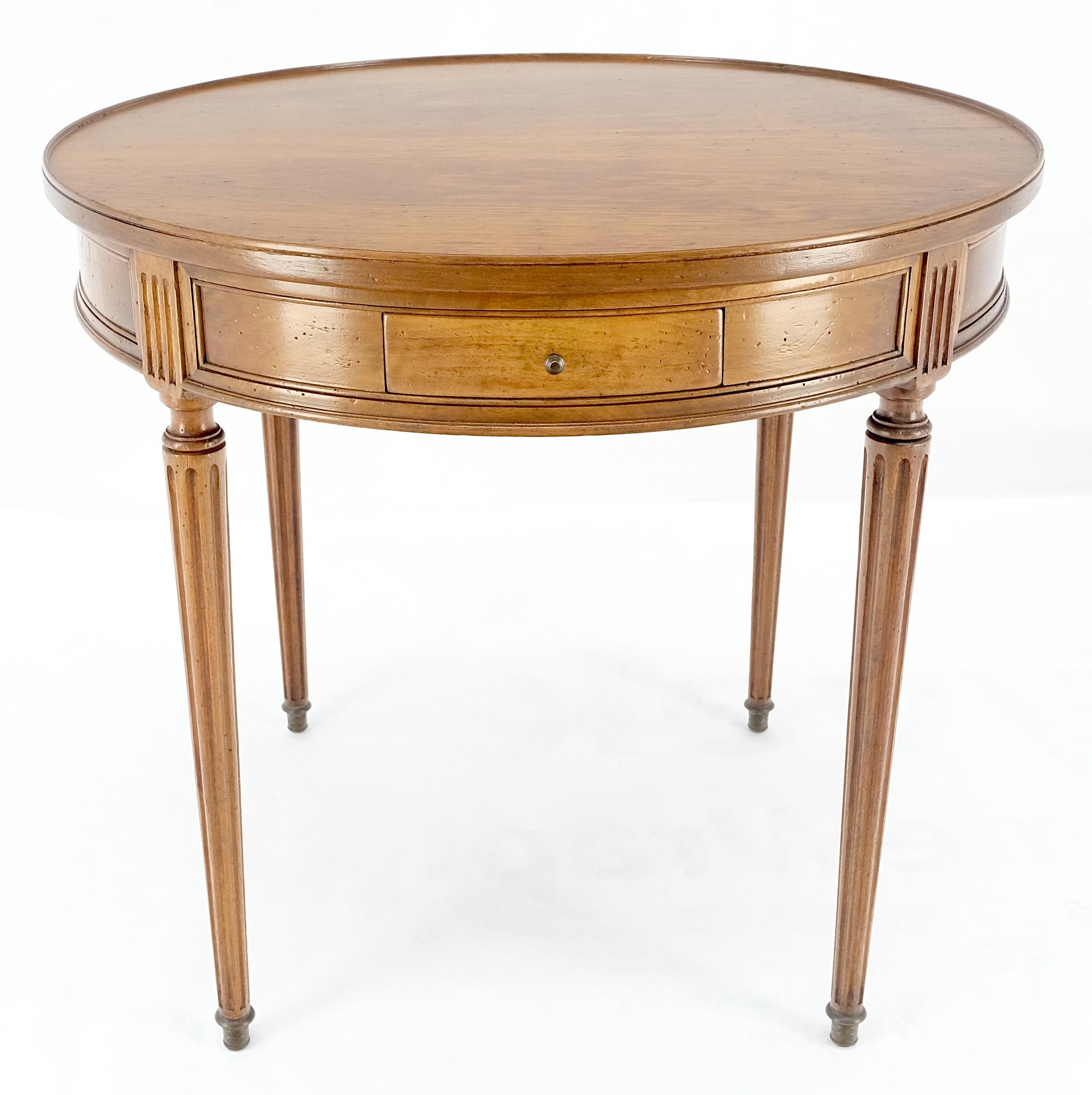 Brass Round Italian Gueridon Table on Fluted Tapered Legs Pull Out Trays Two Drawers For Sale