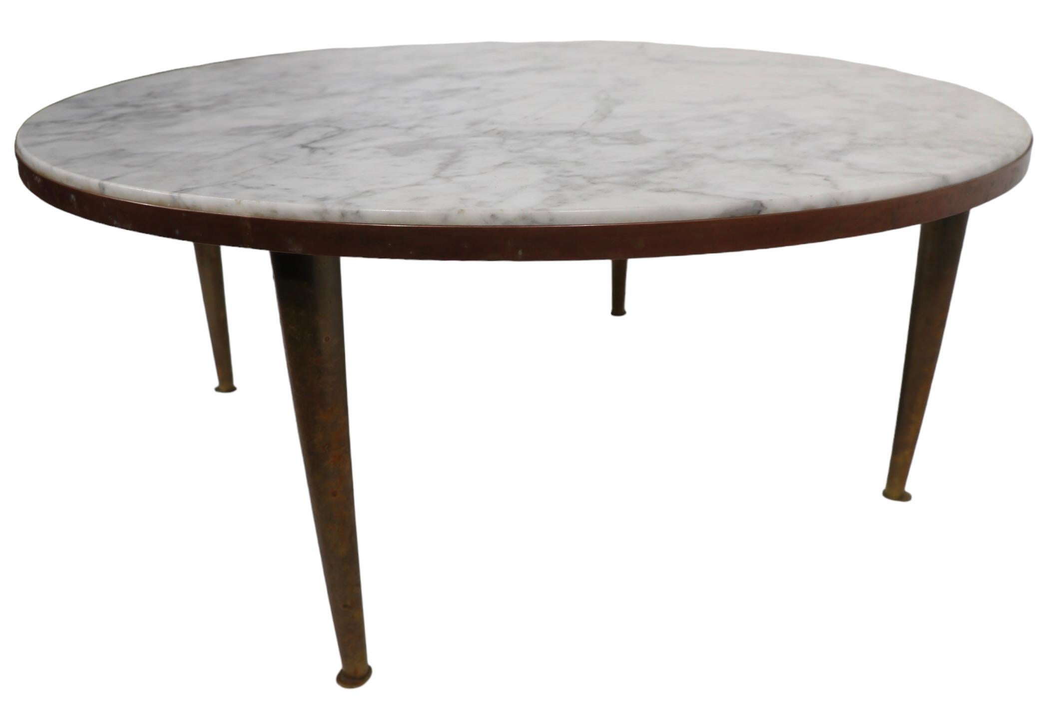   Round Italian Mid Century Marble Top Coffee Table w/ Brass  Tapered Pole Legs 7