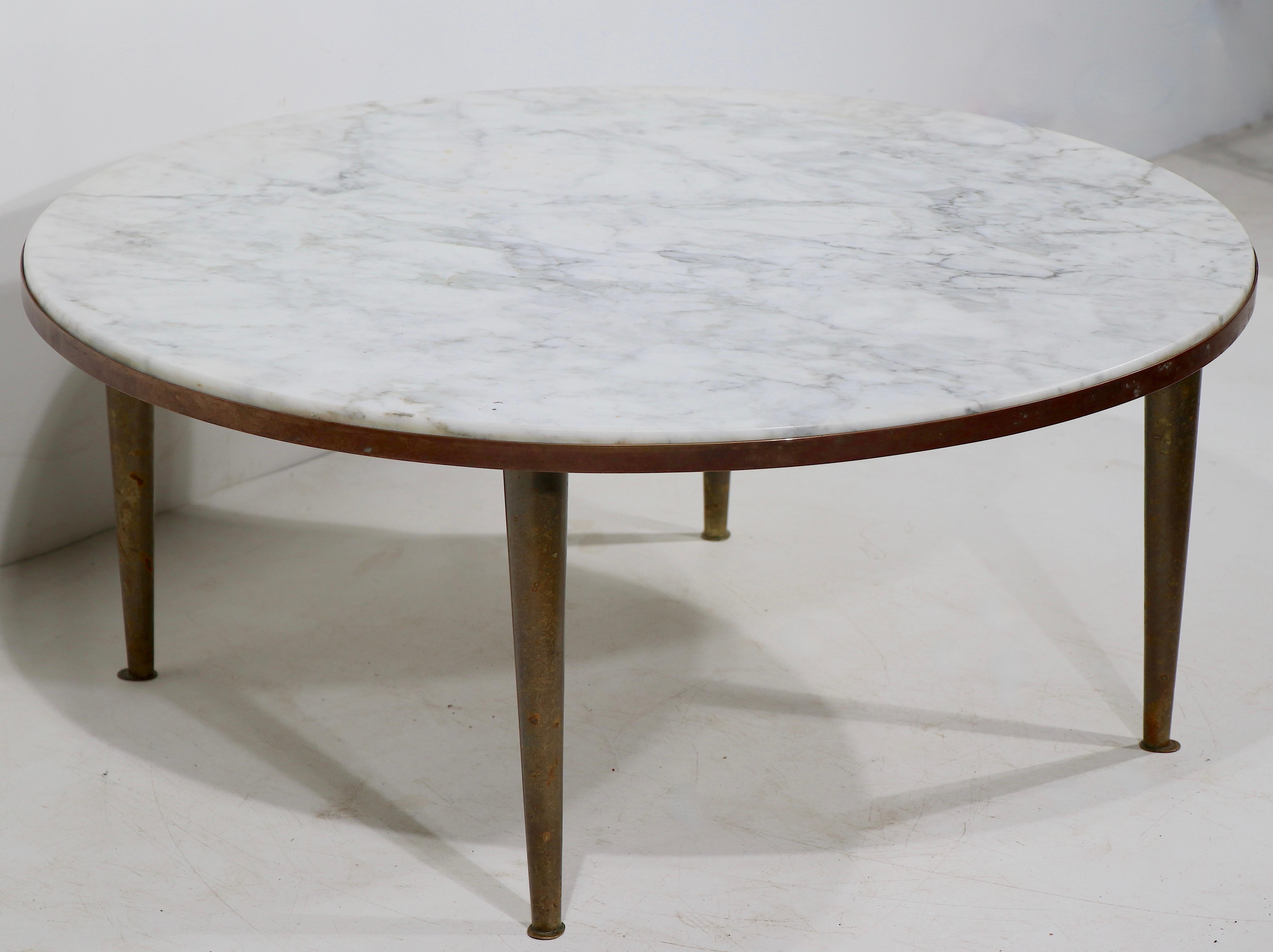 Mid-Century Modern   Round Italian Mid Century Marble Top Coffee Table w/ Brass  Tapered Pole Legs