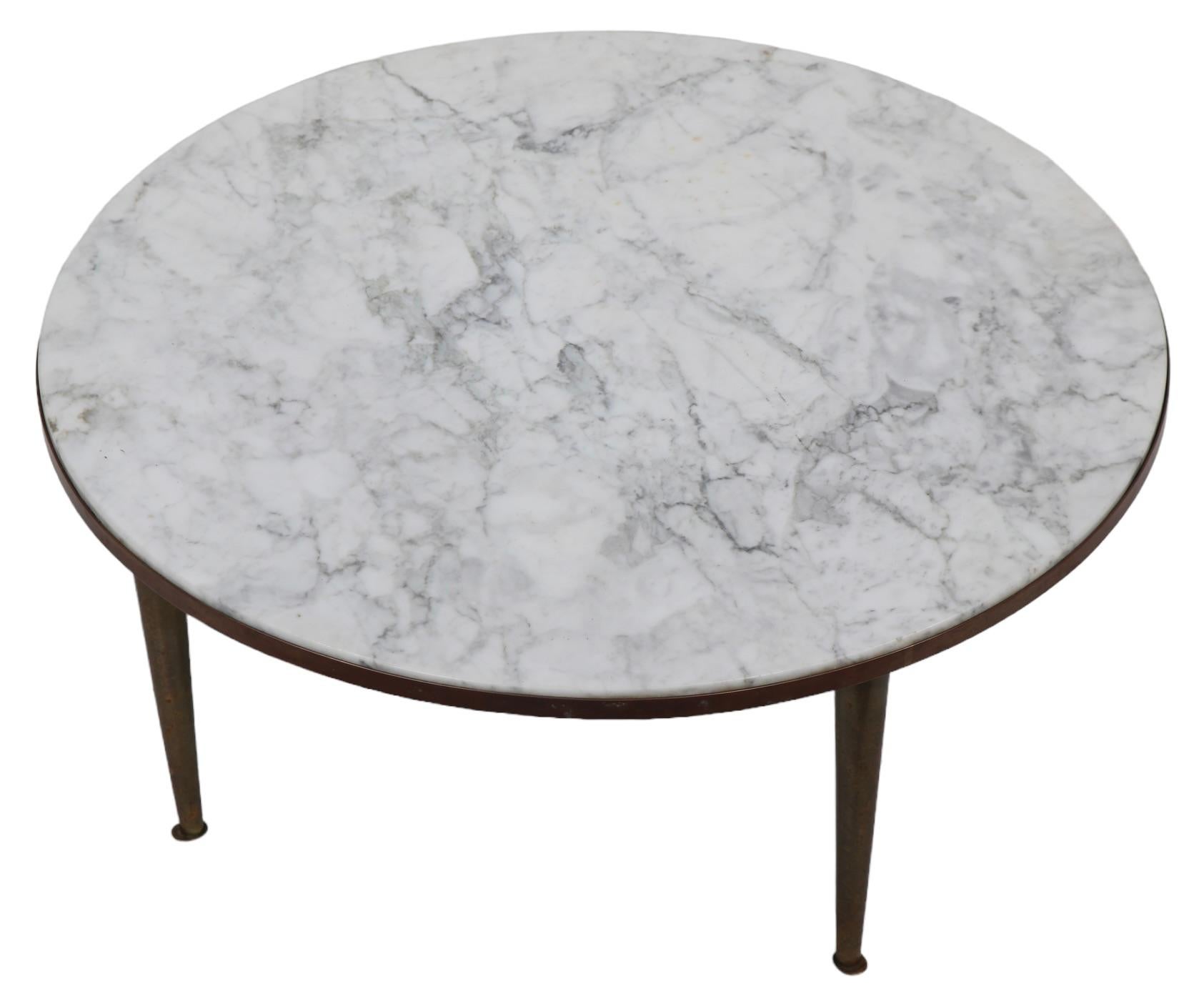20th Century   Round Italian Mid Century Marble Top Coffee Table w/ Brass  Tapered Pole Legs