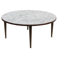  Round Italian Mid Century Marble Top Coffee Table w/ Brass  Tapered Pole Legs