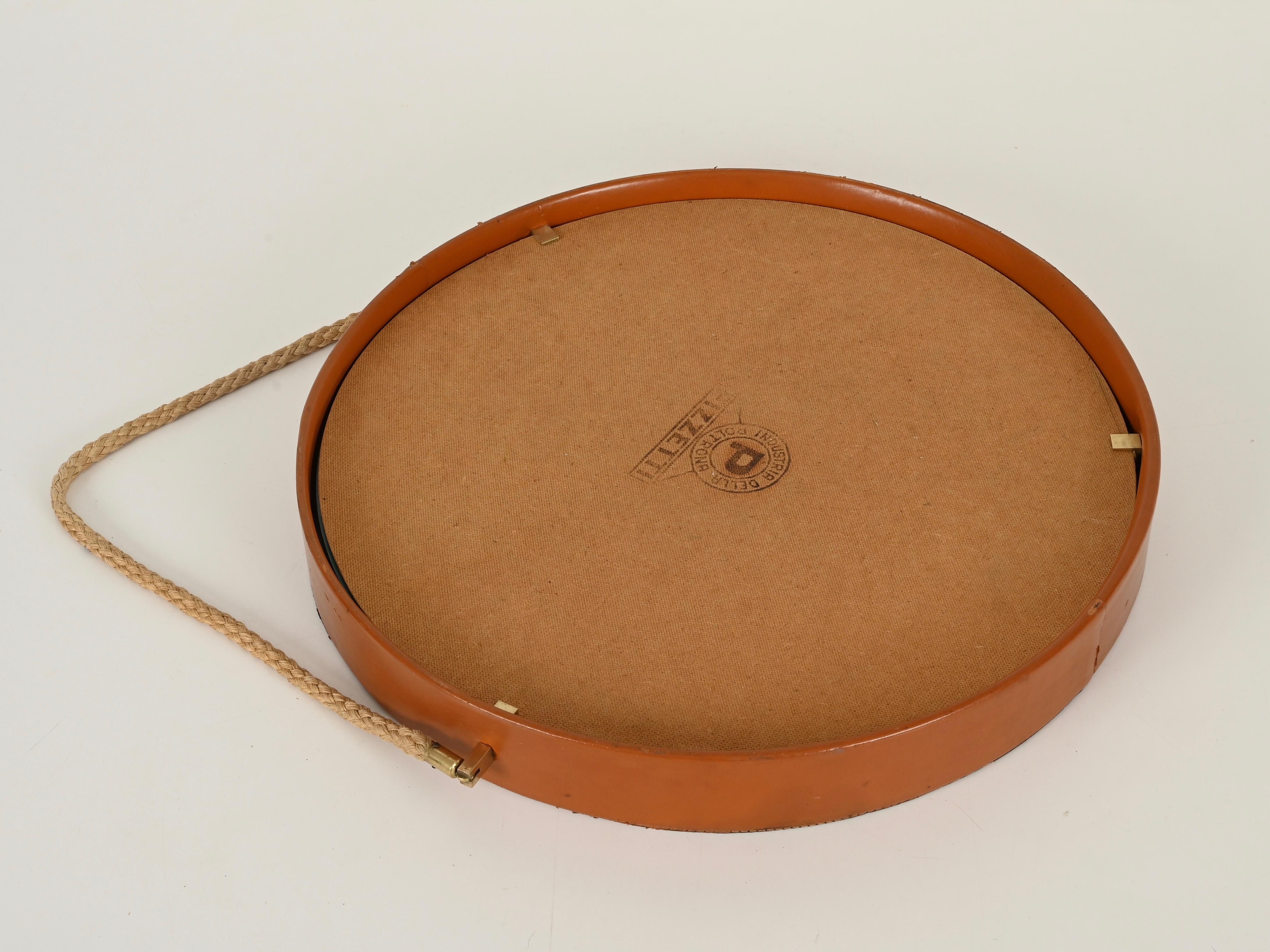 Specchio italiano rotondo in pelle, ottone e corda firmato da Pizzetti, anni '60 in vendita 3