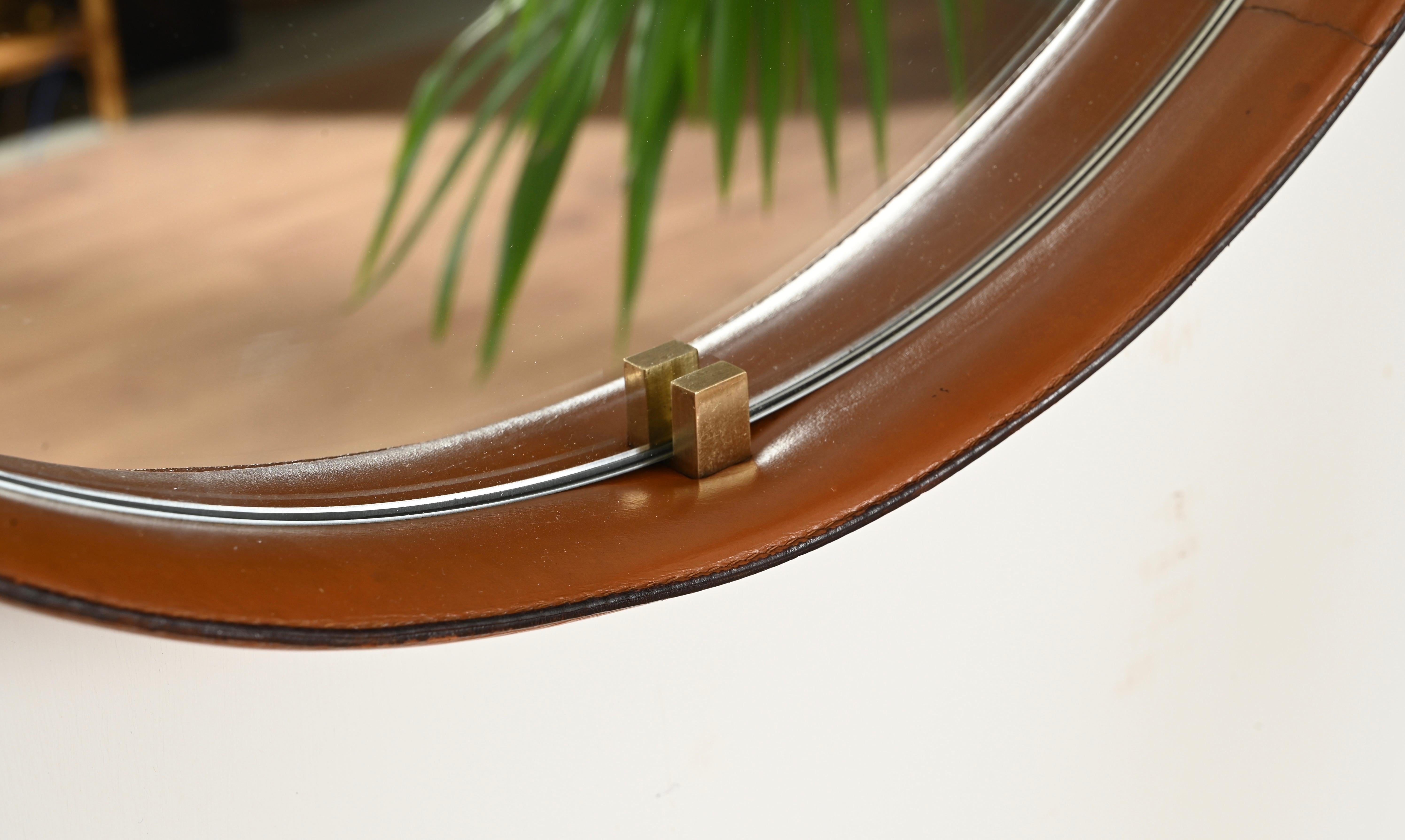 Specchio italiano rotondo in pelle, ottone e corda firmato da Pizzetti, anni '60 in vendita 9