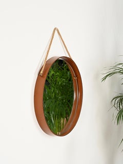Round Italian Mirror in Leather, Brass and Rope Signed by Pizzetti, 1960s