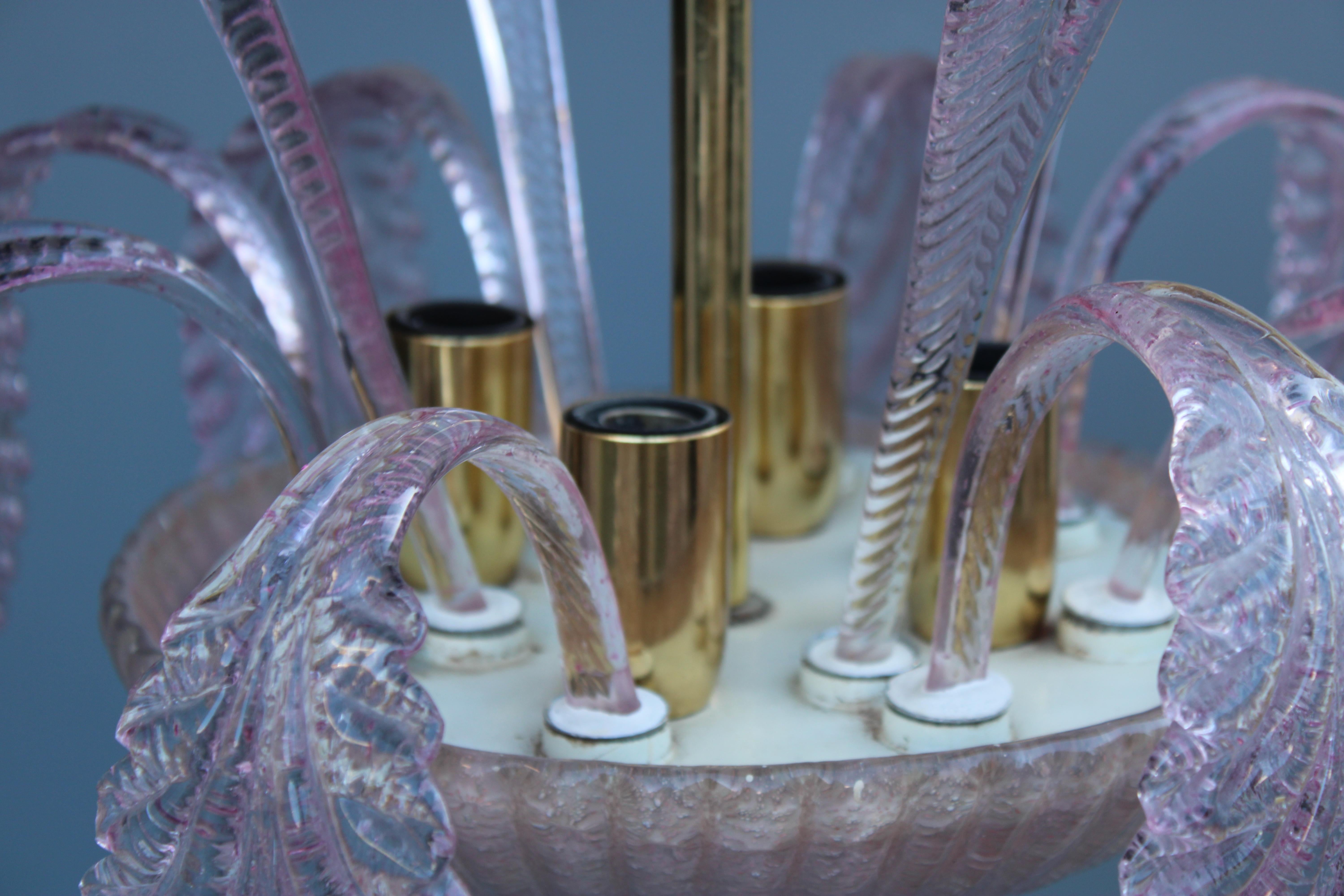 Round Italian Murano Chandelier Pink Gold Color 1970s Leaves Flowers in vendita 5