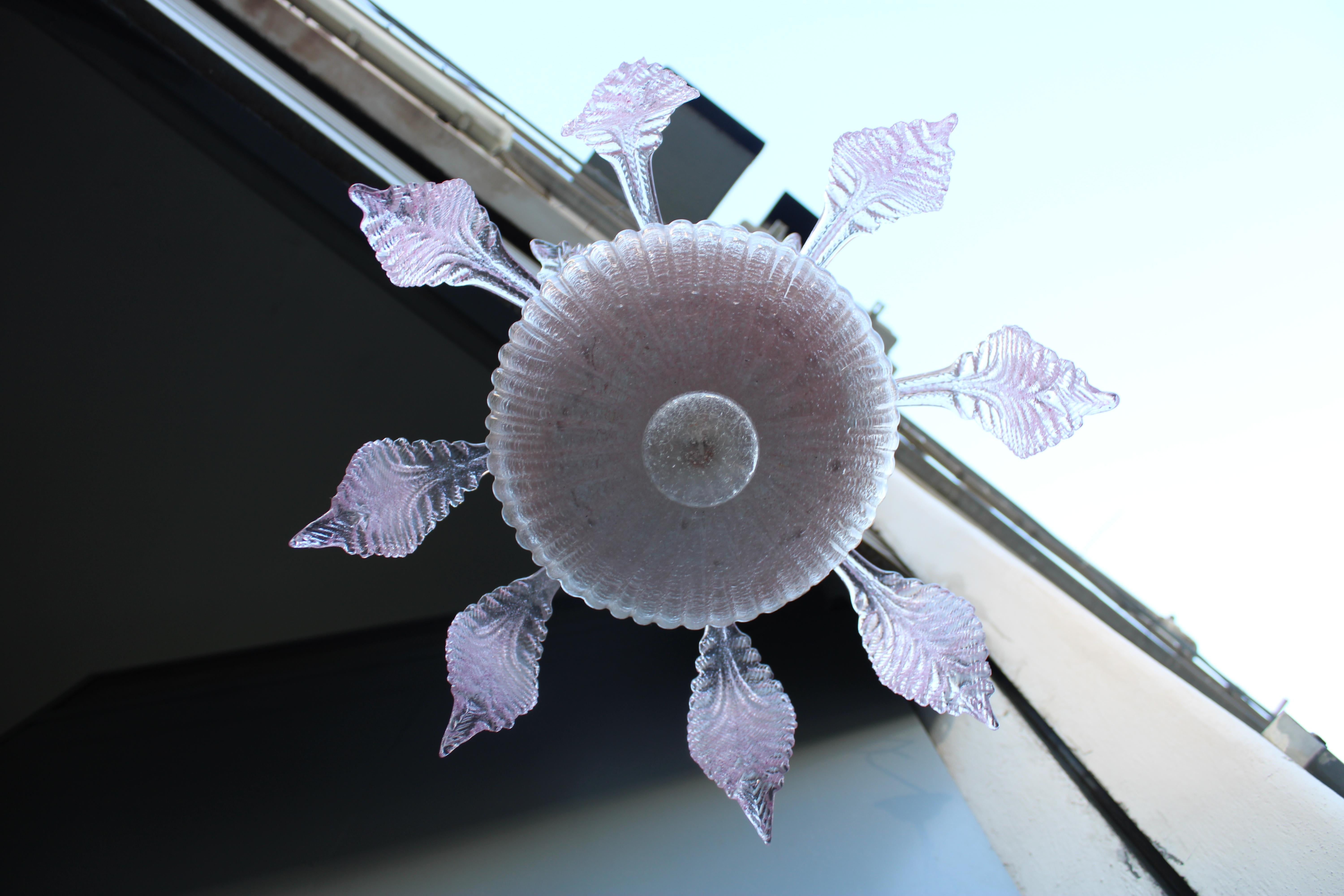 Round Italian Murano Chandelier Pink Gold Color 1970s Leaves Flowers in vendita 7