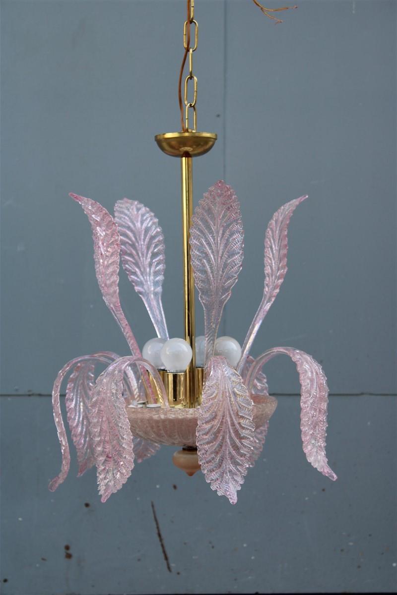 Round Italian Murano chandelier pink gold color 1970s Leaves flowers. 
Height only glass cm.50 more chain.
