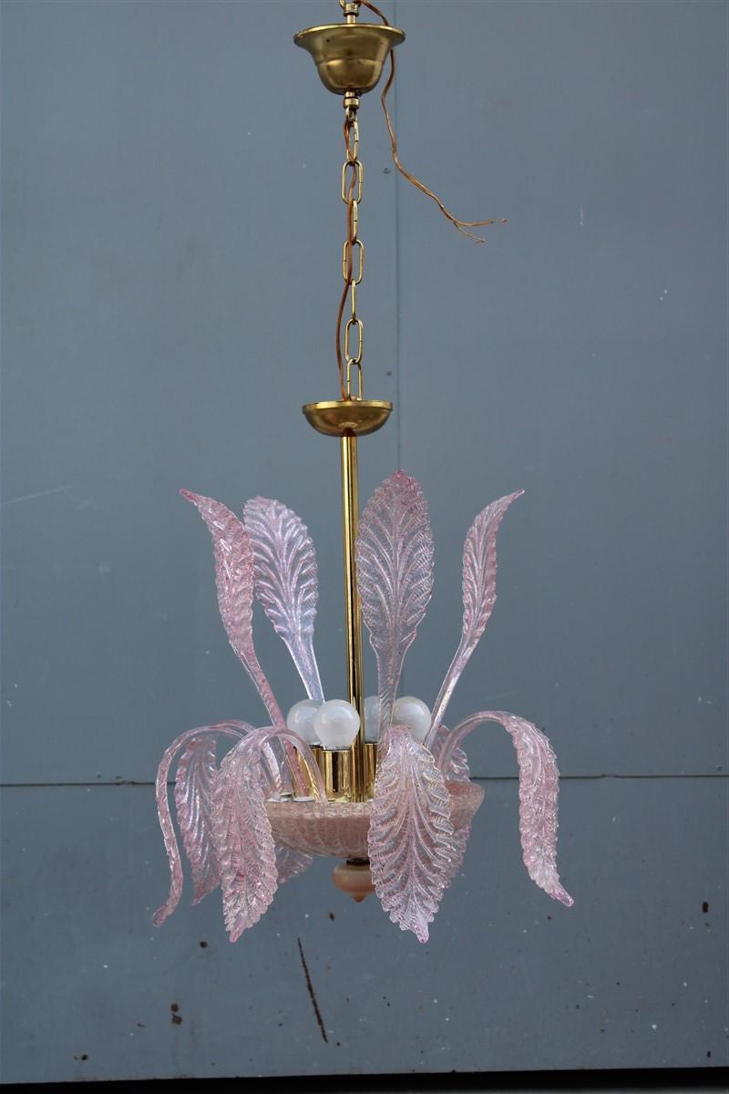 Mid-Century Modern Round Italian Murano Chandelier Pink Gold Color 1970s Leaves Flowers