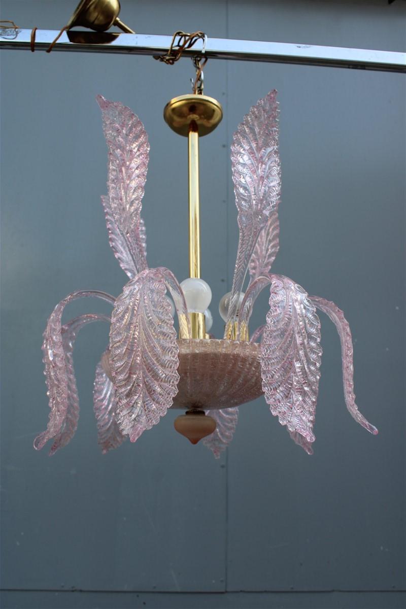 Murano Glass Round Italian Murano Chandelier Pink Gold Color 1970s Leaves Flowers