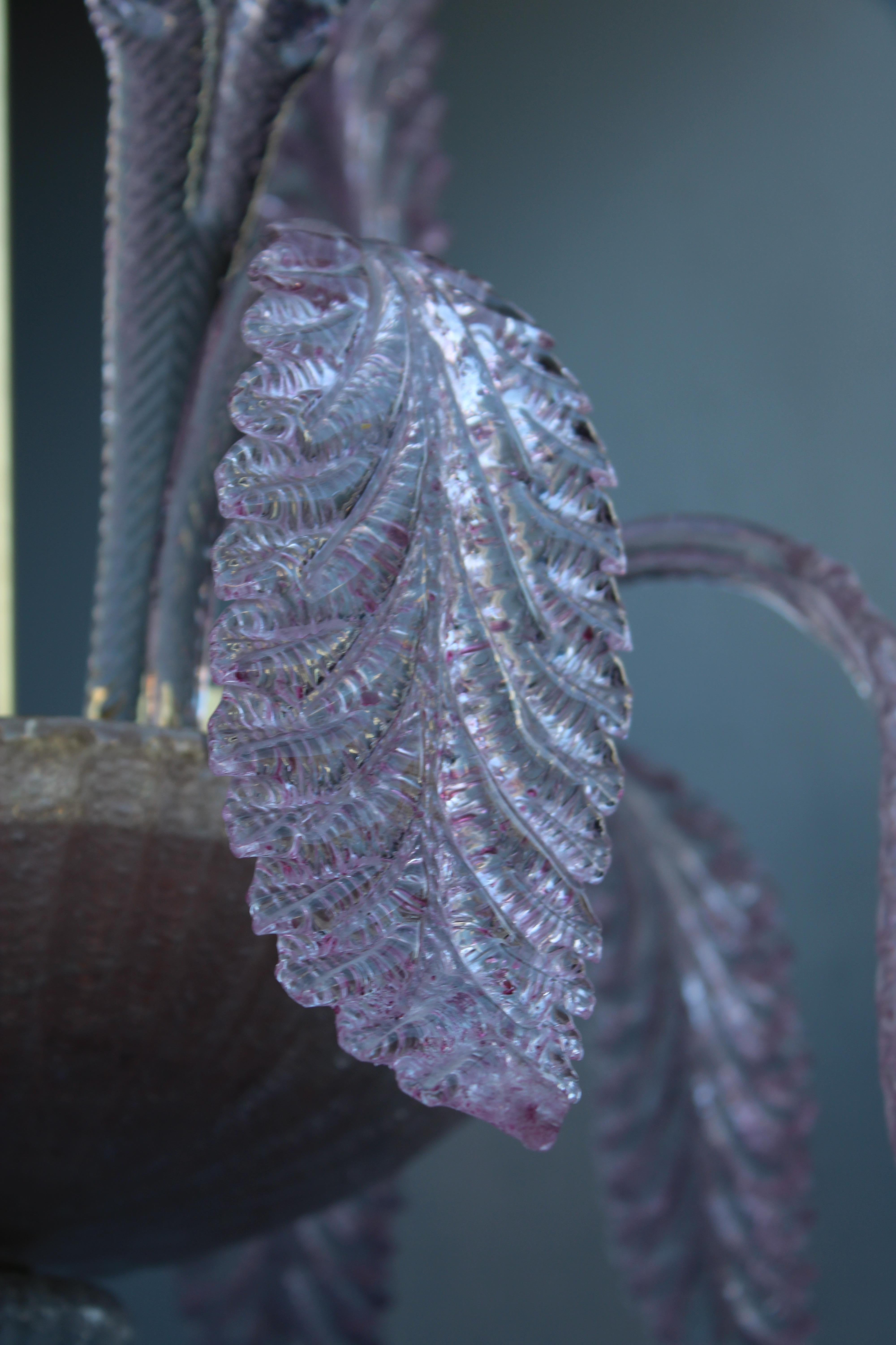 Round Italian Murano Chandelier Pink Gold Color 1970s Leaves Flowers in vendita 1