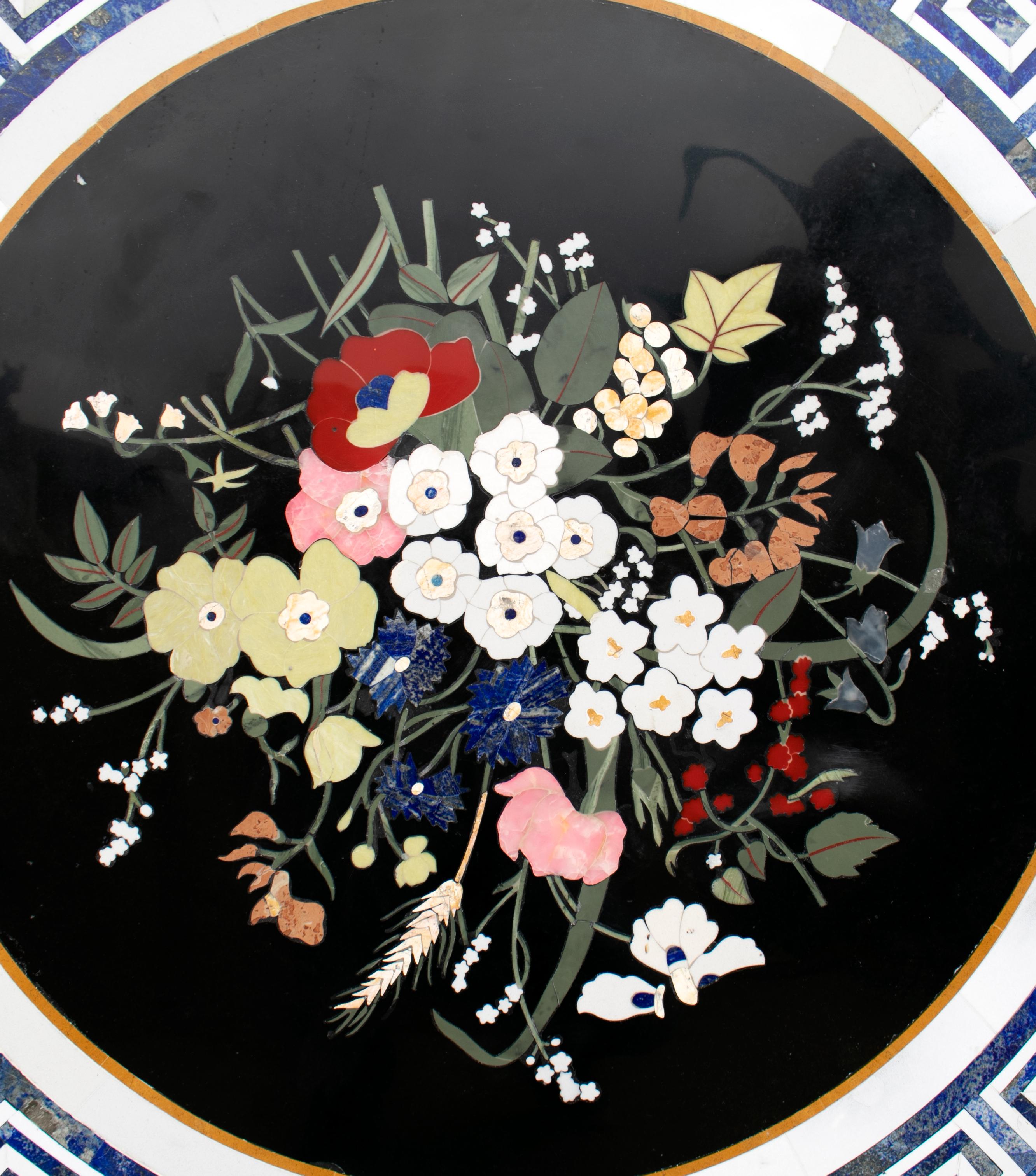 Precious Stone Round Italian Pietre Dure Inlay Marble Tabletop with Lapis Lazuli For Sale