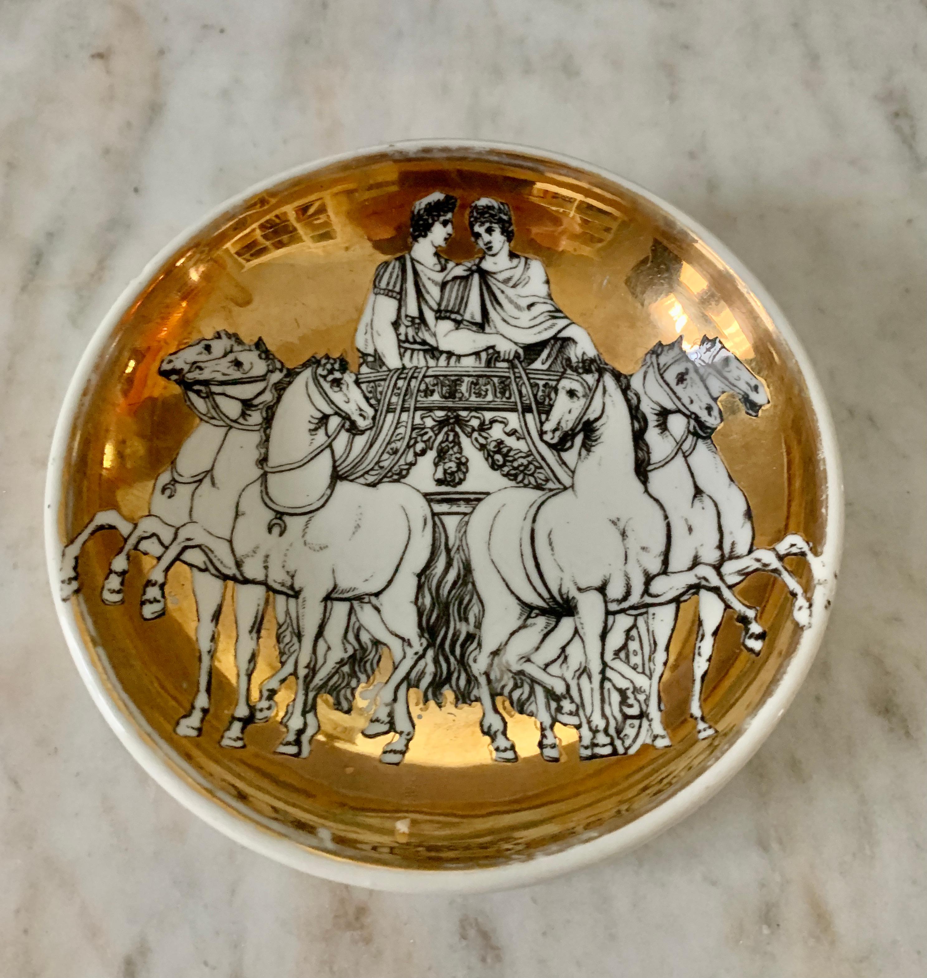 Mid-Century Modern Round Italian Porcelain and Gold Signed Piero Fornasetti Dish