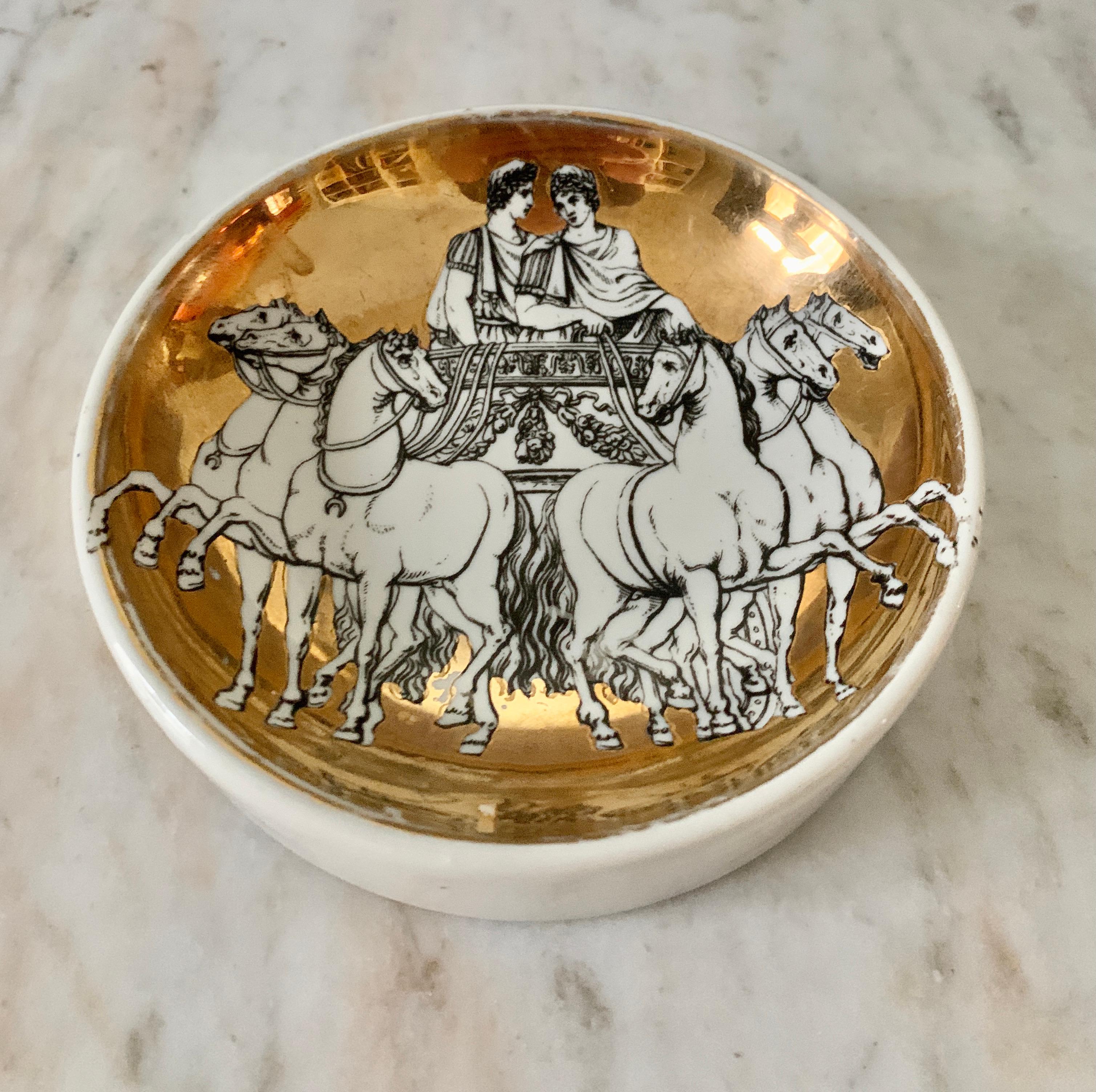 Gilt Round Italian Porcelain and Gold Signed Piero Fornasetti Dish