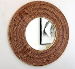 Round Italian Rattan and Brass Framed Mirror, circa 1970