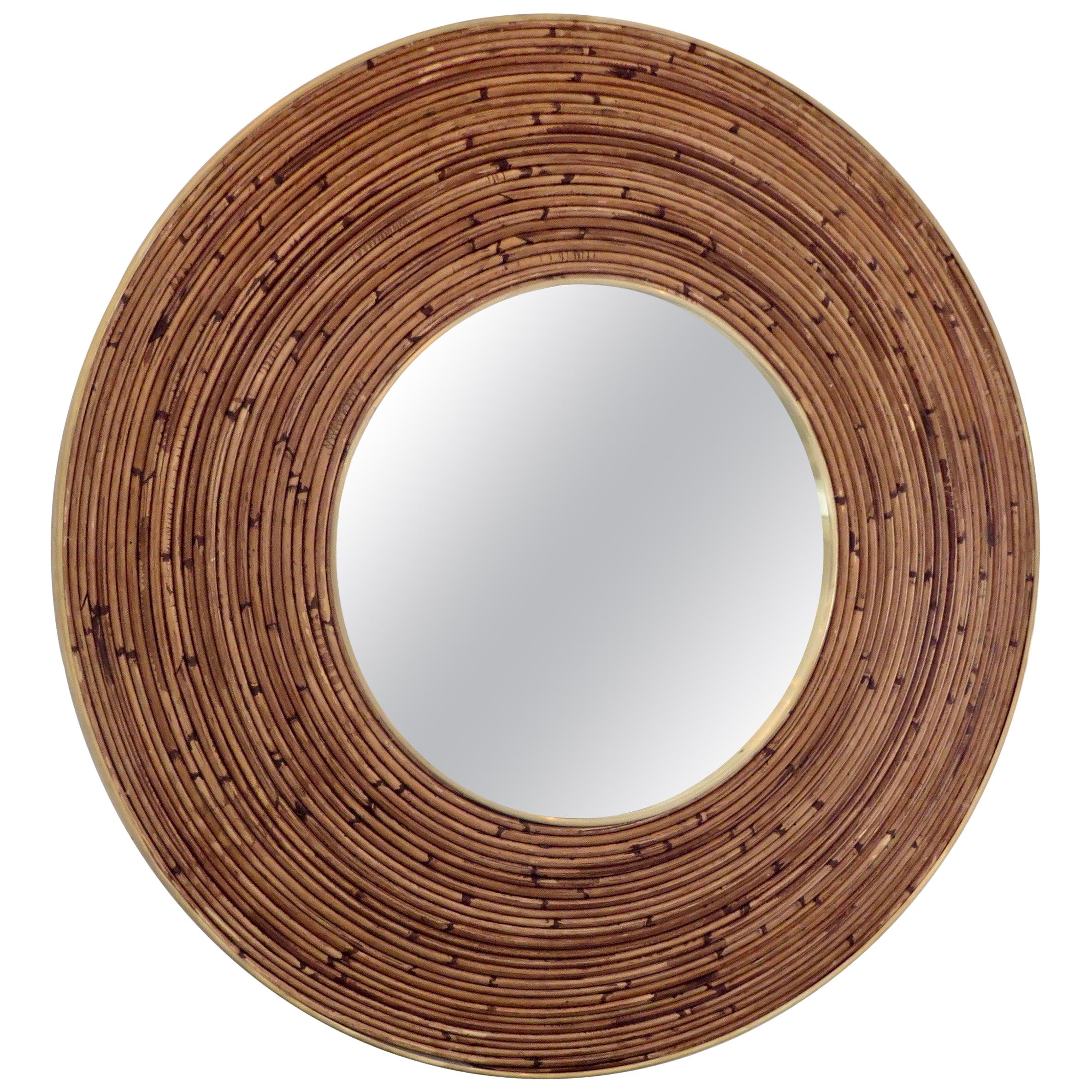 Round Italian Rattan Bamboo and Brass Framed Mirror circa 1970