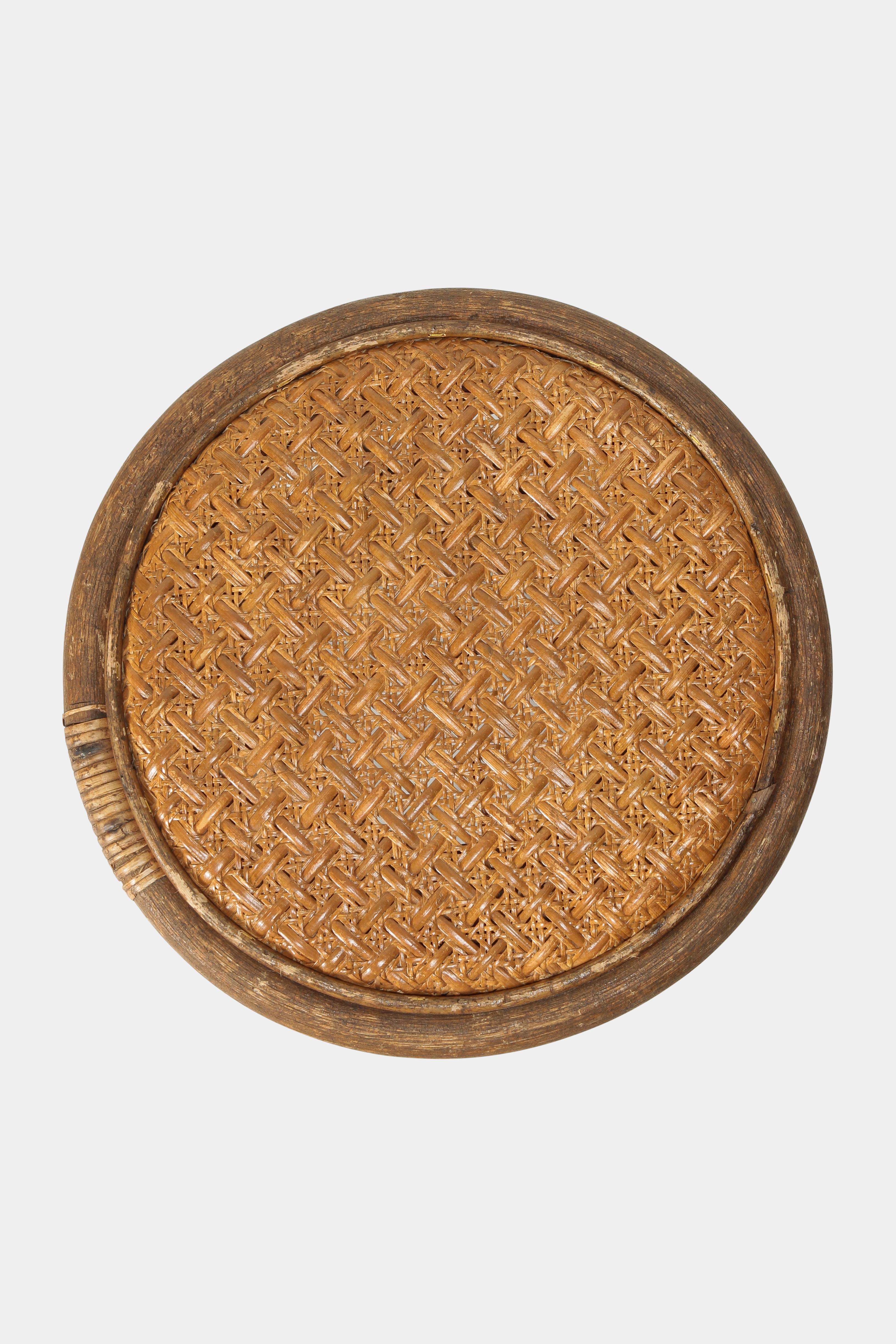 Mid-20th Century Round Italian Rattan Stool, 1950s For Sale