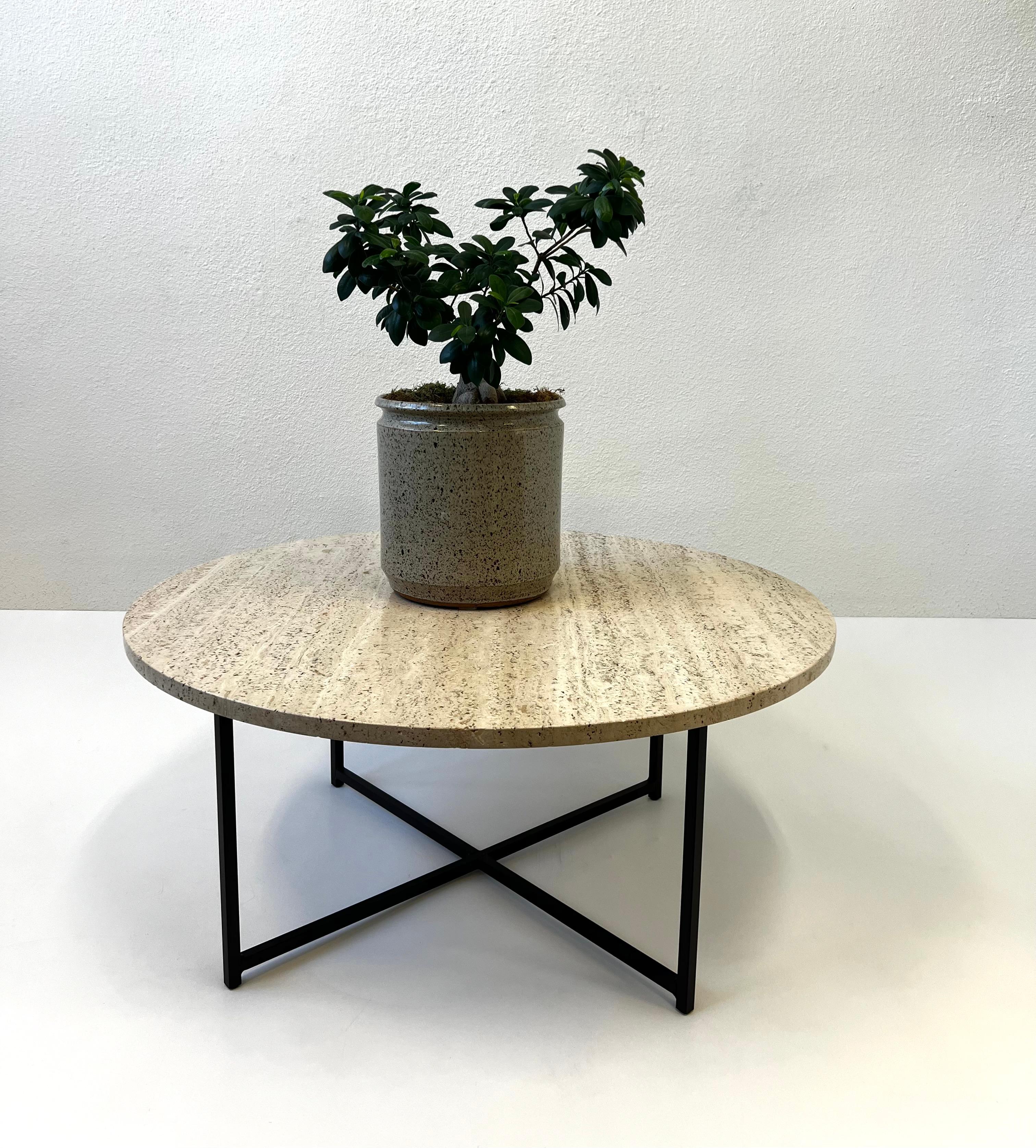 Round Italian Travertine and Bronze Cocktail Table  For Sale 3