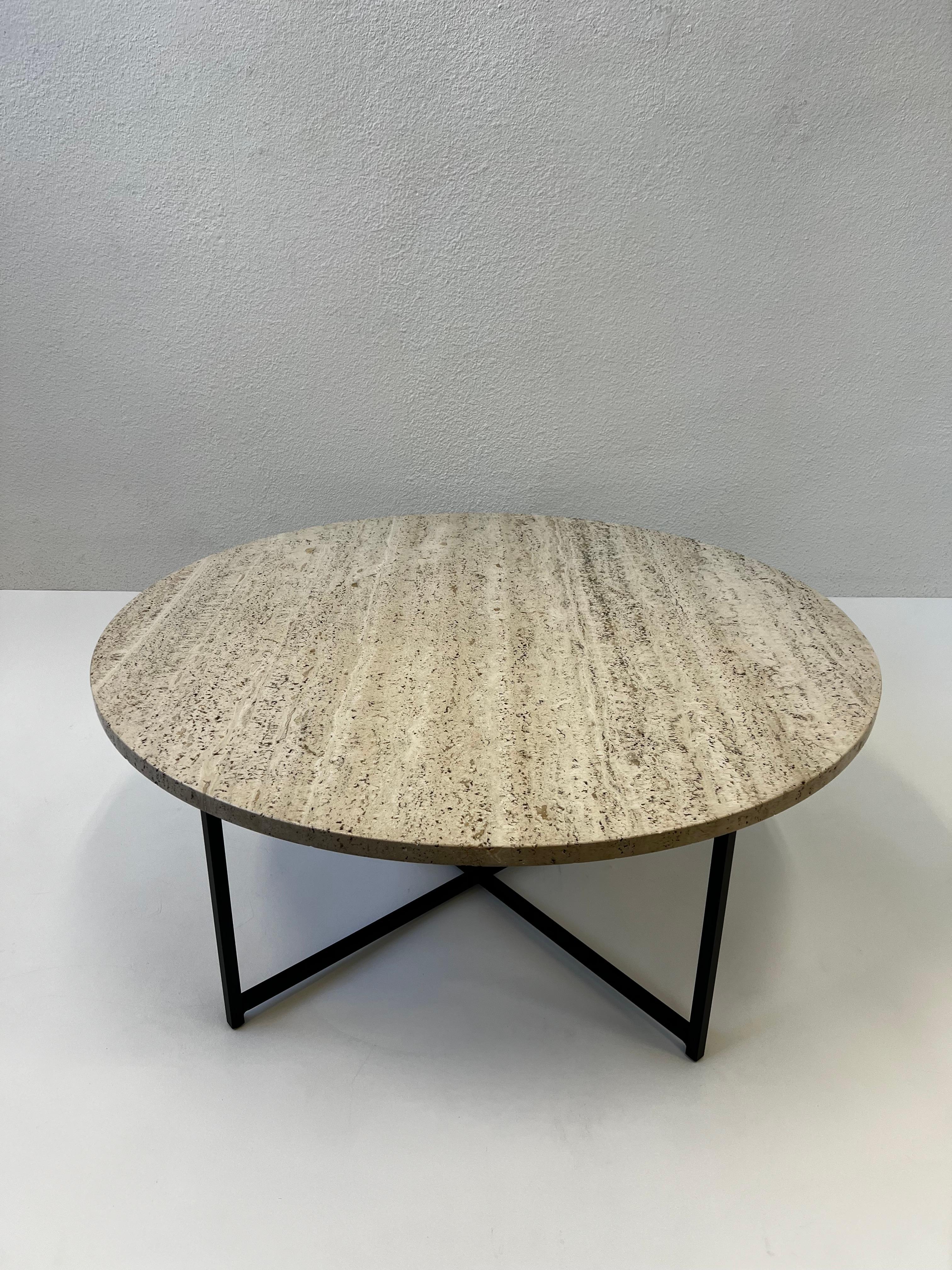 Mid-Century Modern Round Italian Travertine and Bronze Cocktail Table  For Sale