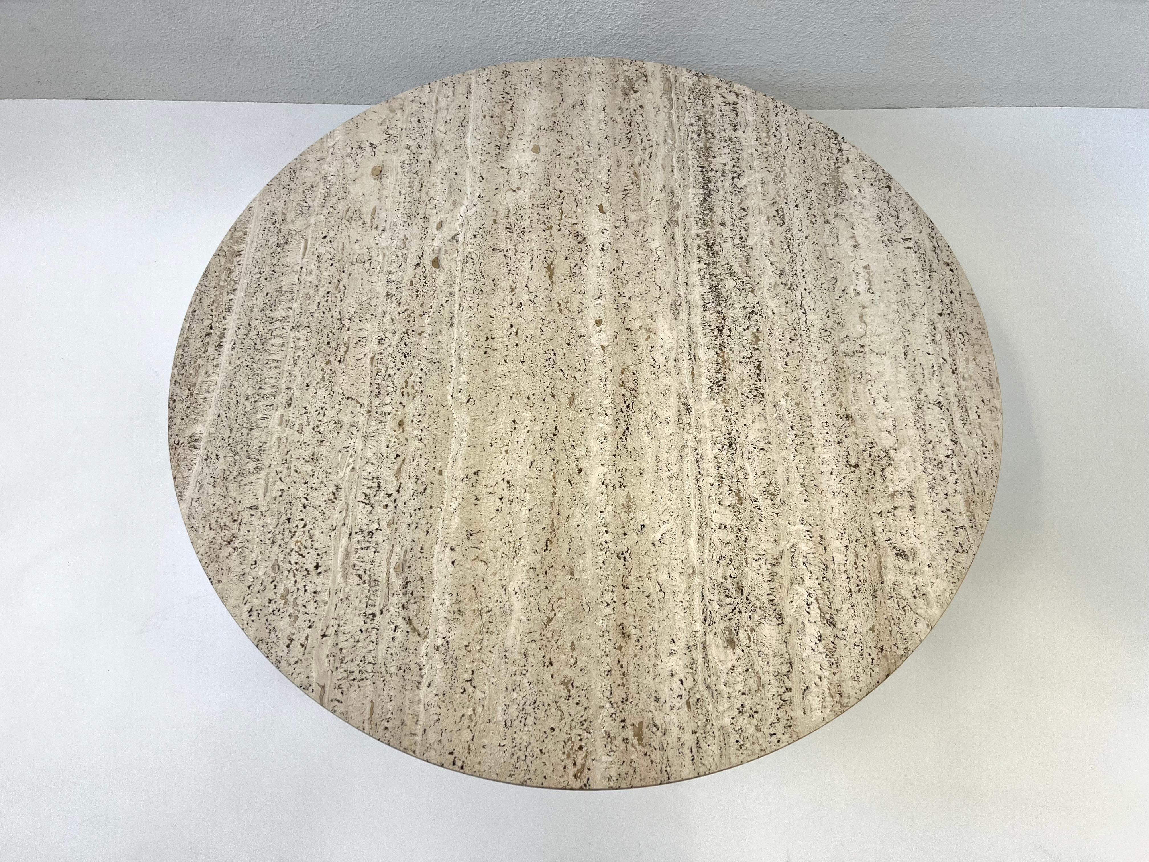 Powder-Coated Round Italian Travertine and Bronze Cocktail Table  For Sale