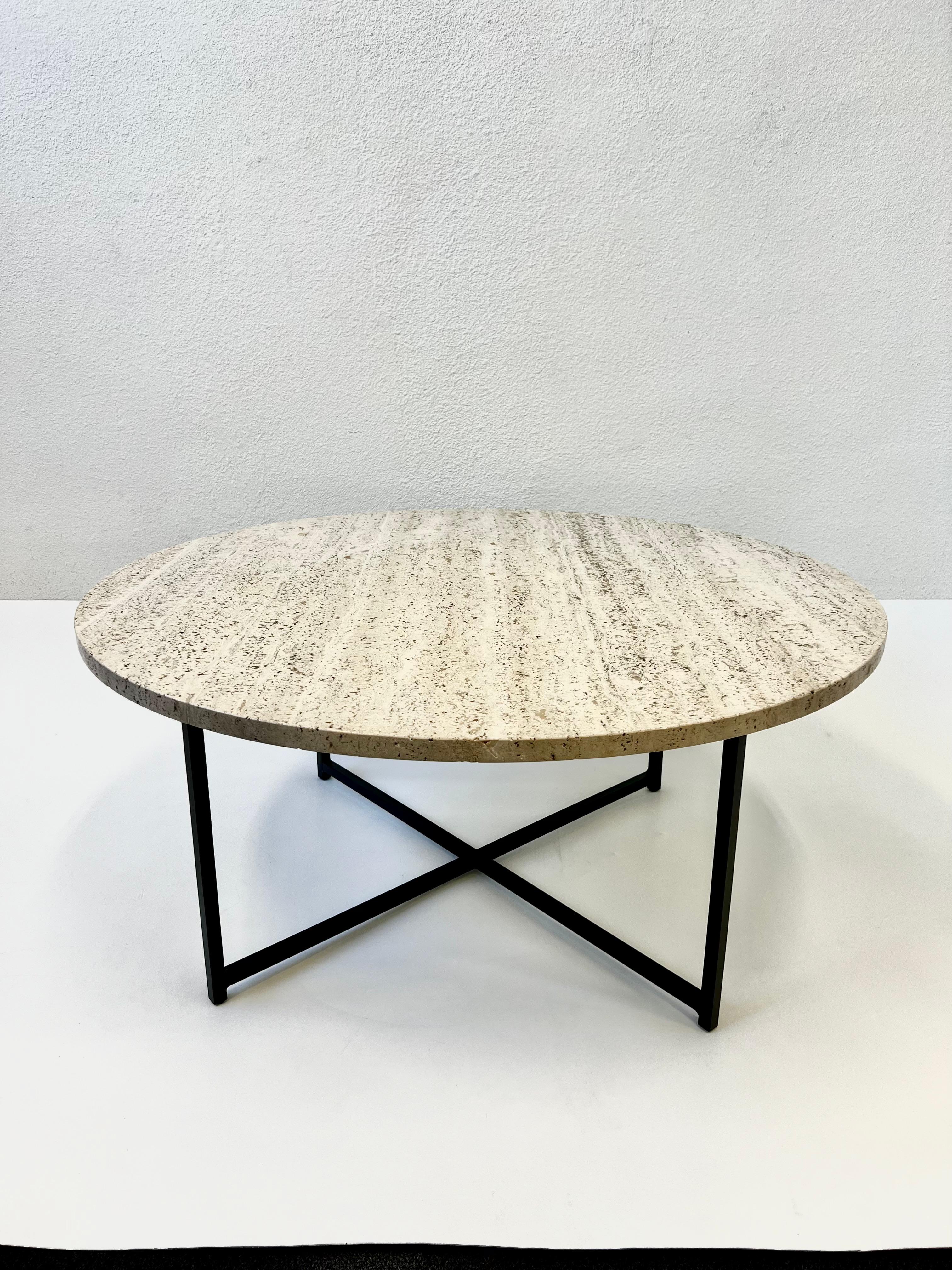 Round Italian Travertine and Bronze Cocktail Table  For Sale 2