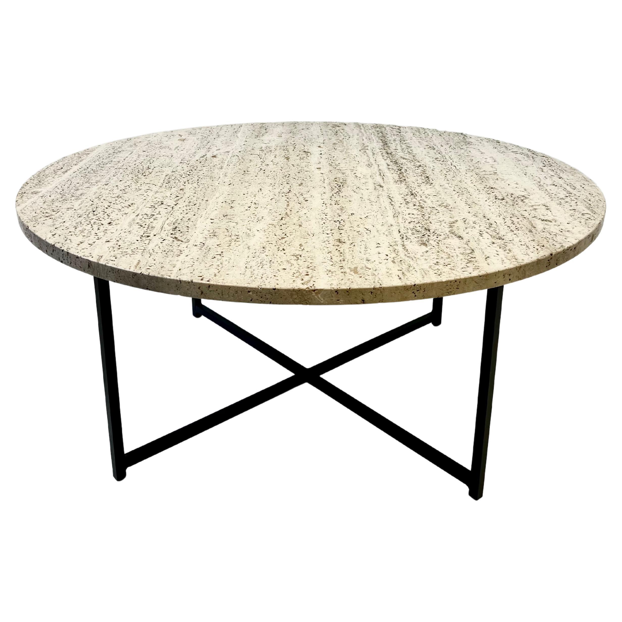 Round Italian Travertine and Bronze Cocktail Table  For Sale