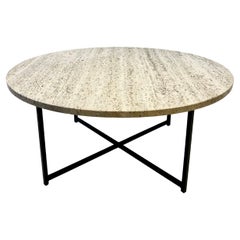 Round Italian Travertine and Bronze Cocktail Table 
