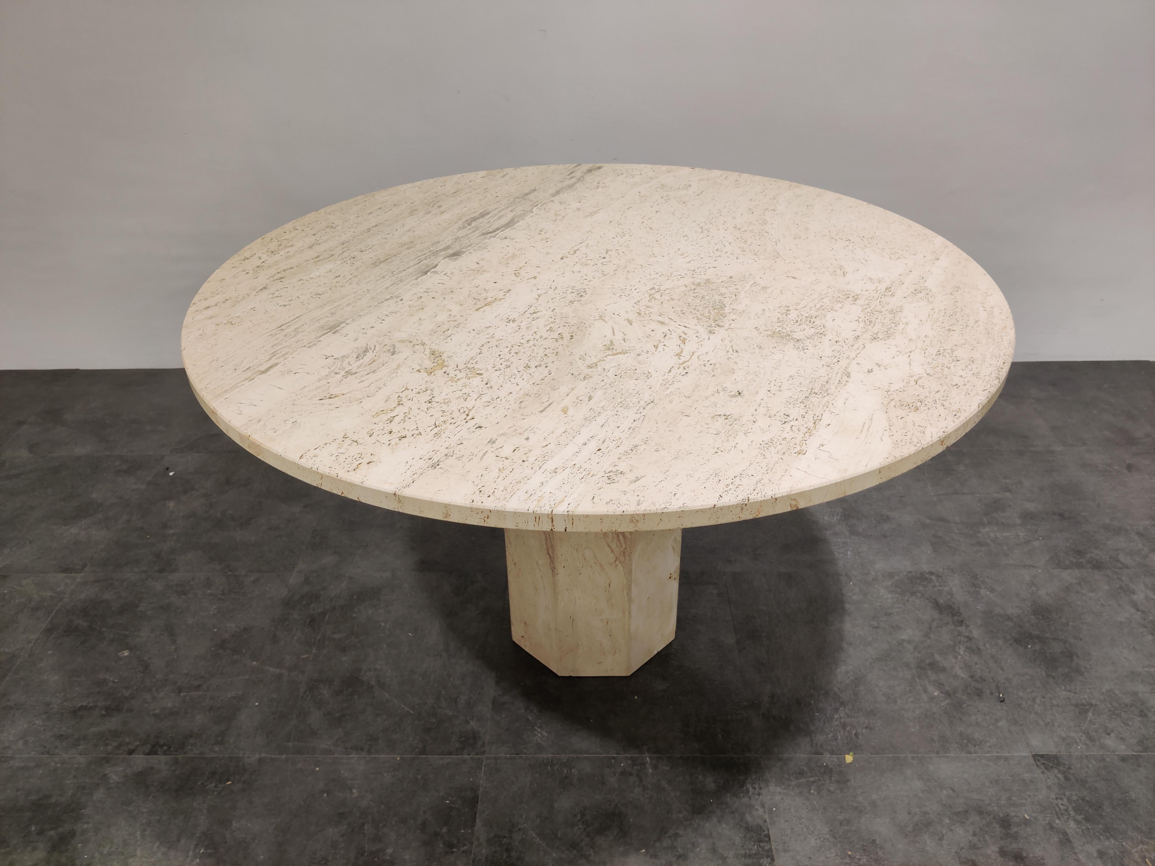 Hollywood Regency Round Italian Travertine Dining Table, 1970s