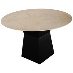 Round Italian Travertine Marble Table with Silver Metallic Inlay, 2000s