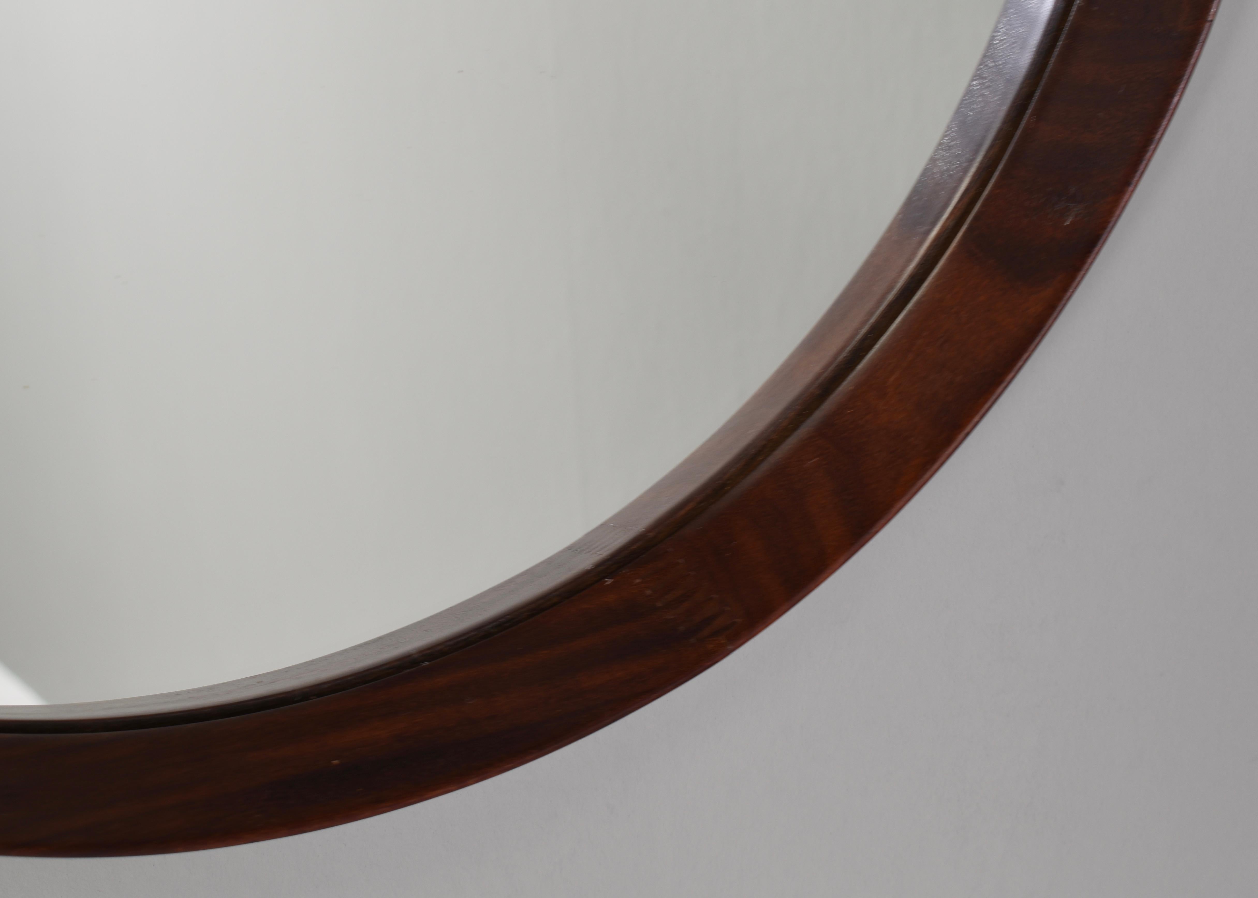 Mid-Century Modern Round Italian Wall Mirror in Solid Teak, Leather and Brass, 1950s For Sale