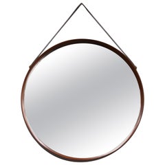 Round Italian Wall Mirror in Solid Teak, Leather and Brass, 1950s