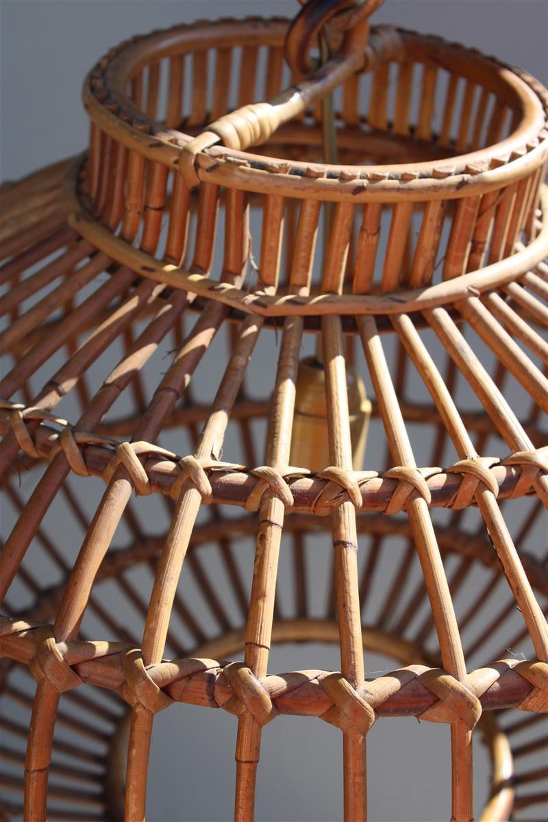 Bamboo Round Italian Wicker Chandelier from 1960 Franco Albini Style For Sale