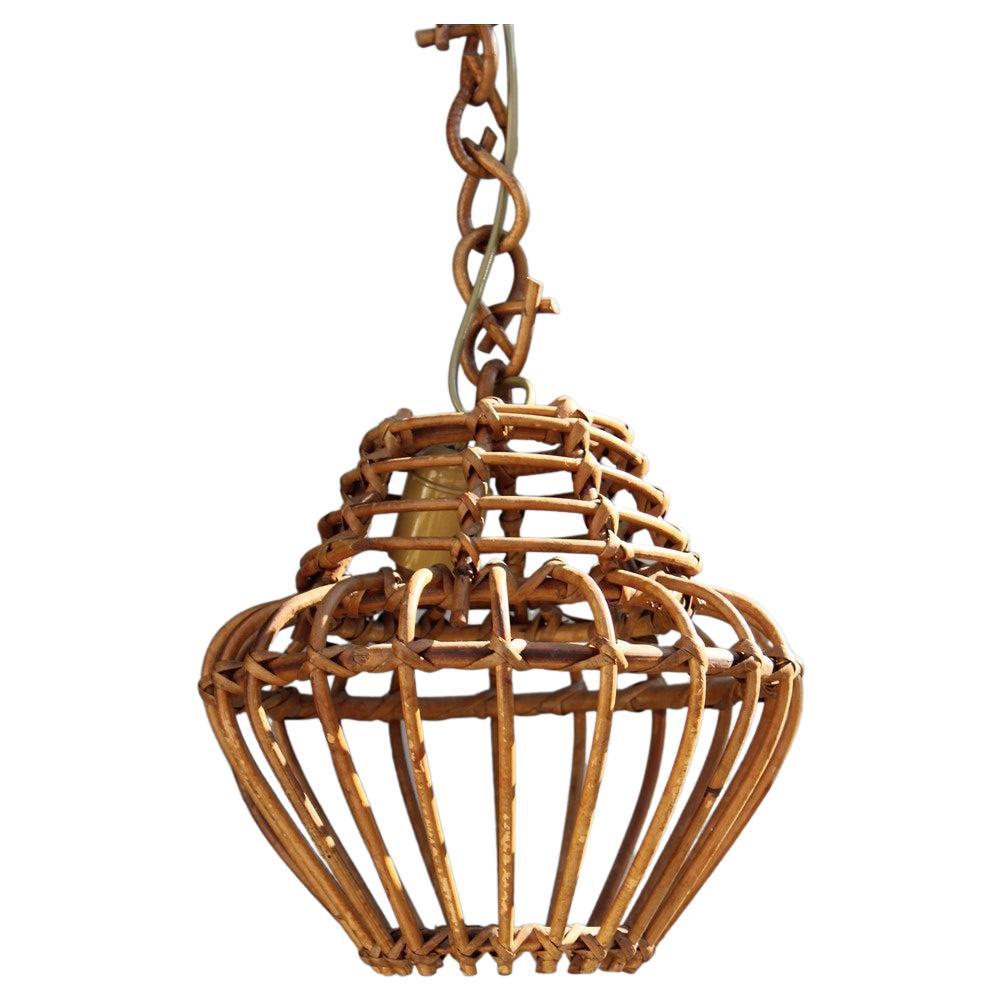 Round Italian Wicker Chandelier Lantern from 1960 Franco Albini Style For Sale