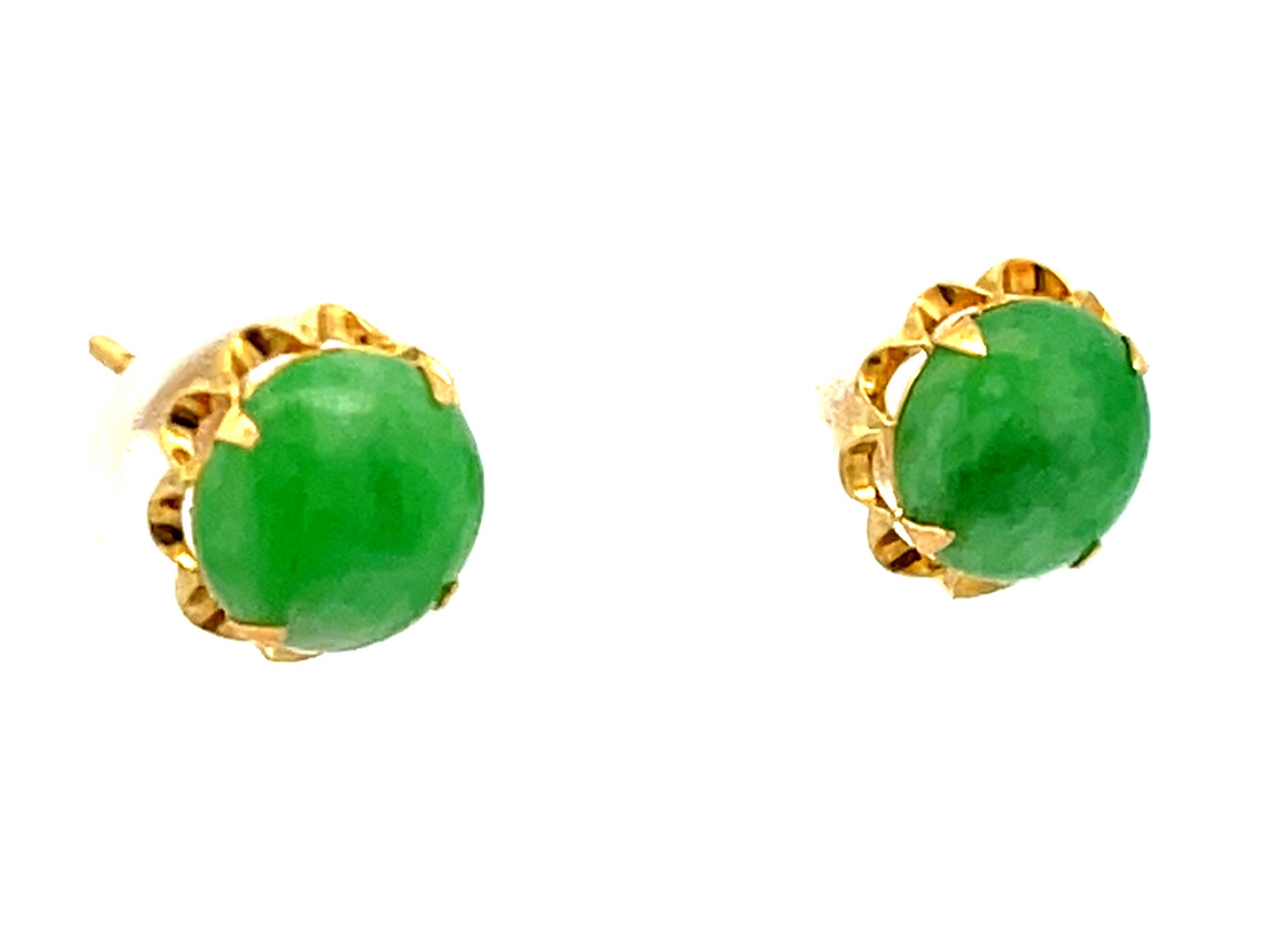 Modern Round Jade Stud Earrings in 14k Yellow Gold