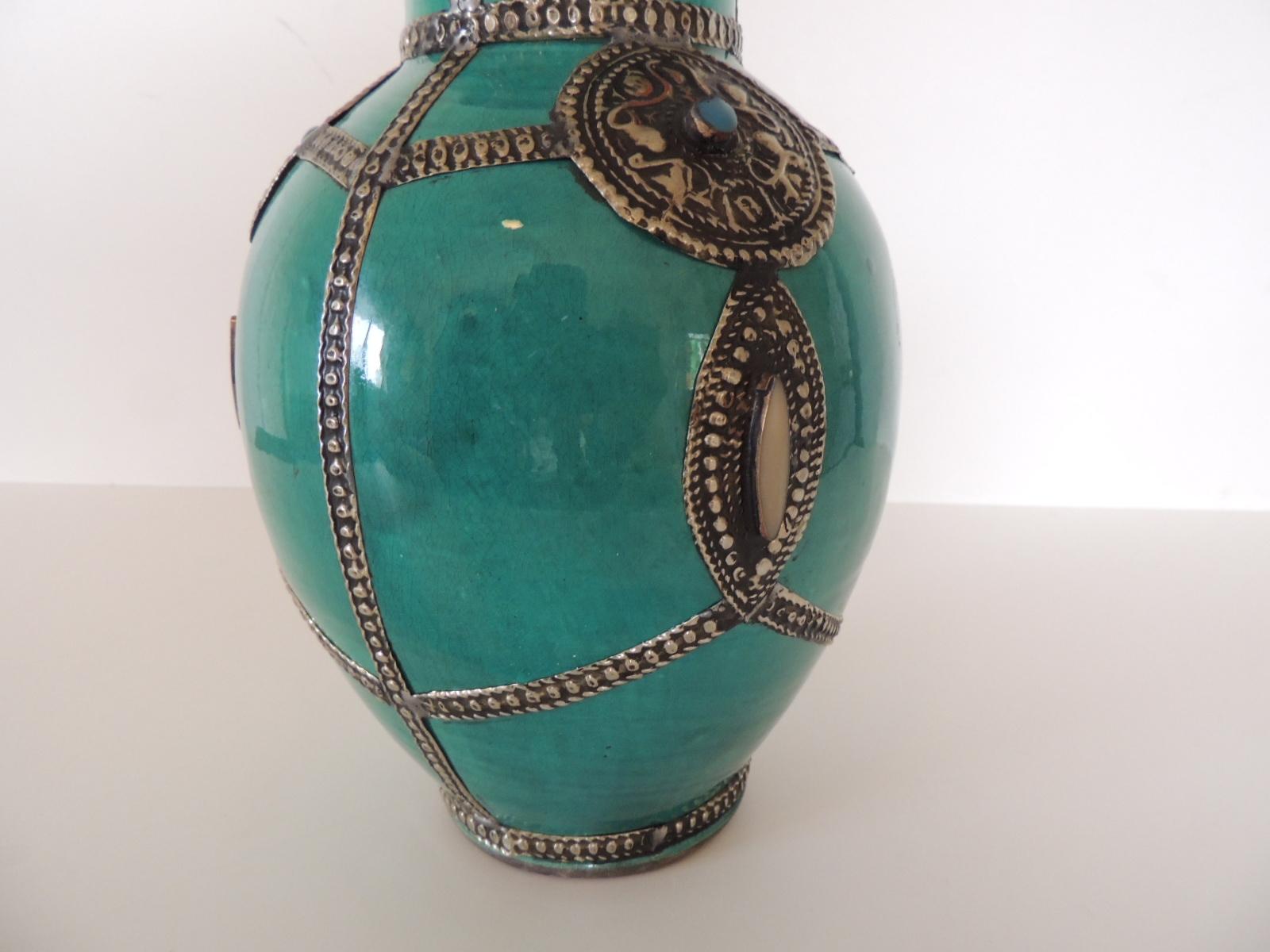 Moorish Round Kelly Green Terracotta Moroccan Vase with Metal Adornments