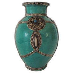 Round Kelly Green Terracotta Moroccan Vase with Metal Adornments