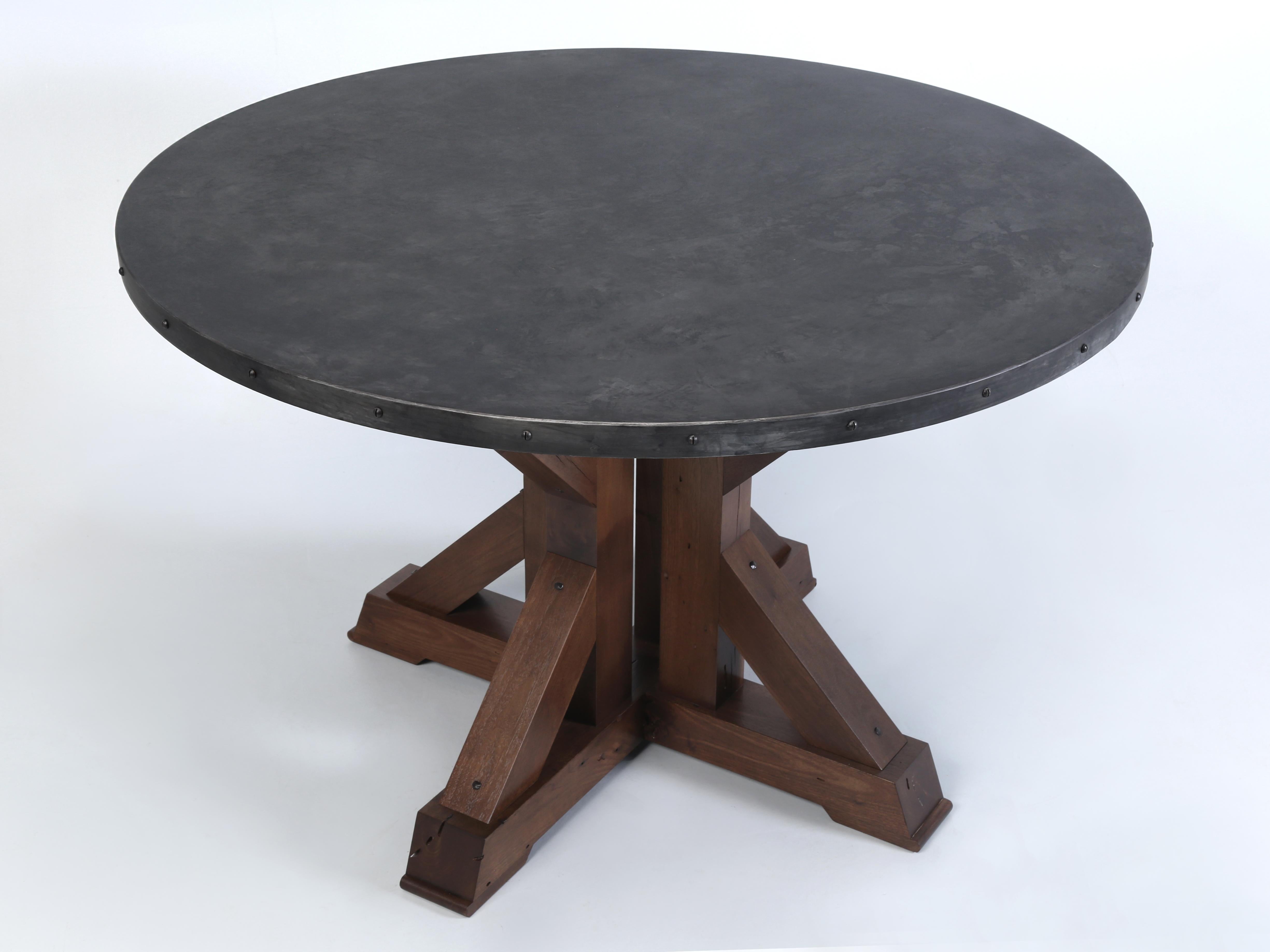 Custom Hand-Made in Chicago is our Country French Inspired Round Dining Table, or Kitchen Table built to order in Any Dimension. This particular Country French inspired Kitchen Table has a Zinc Top and a Solid Walnut Base. The Zinc top is specially