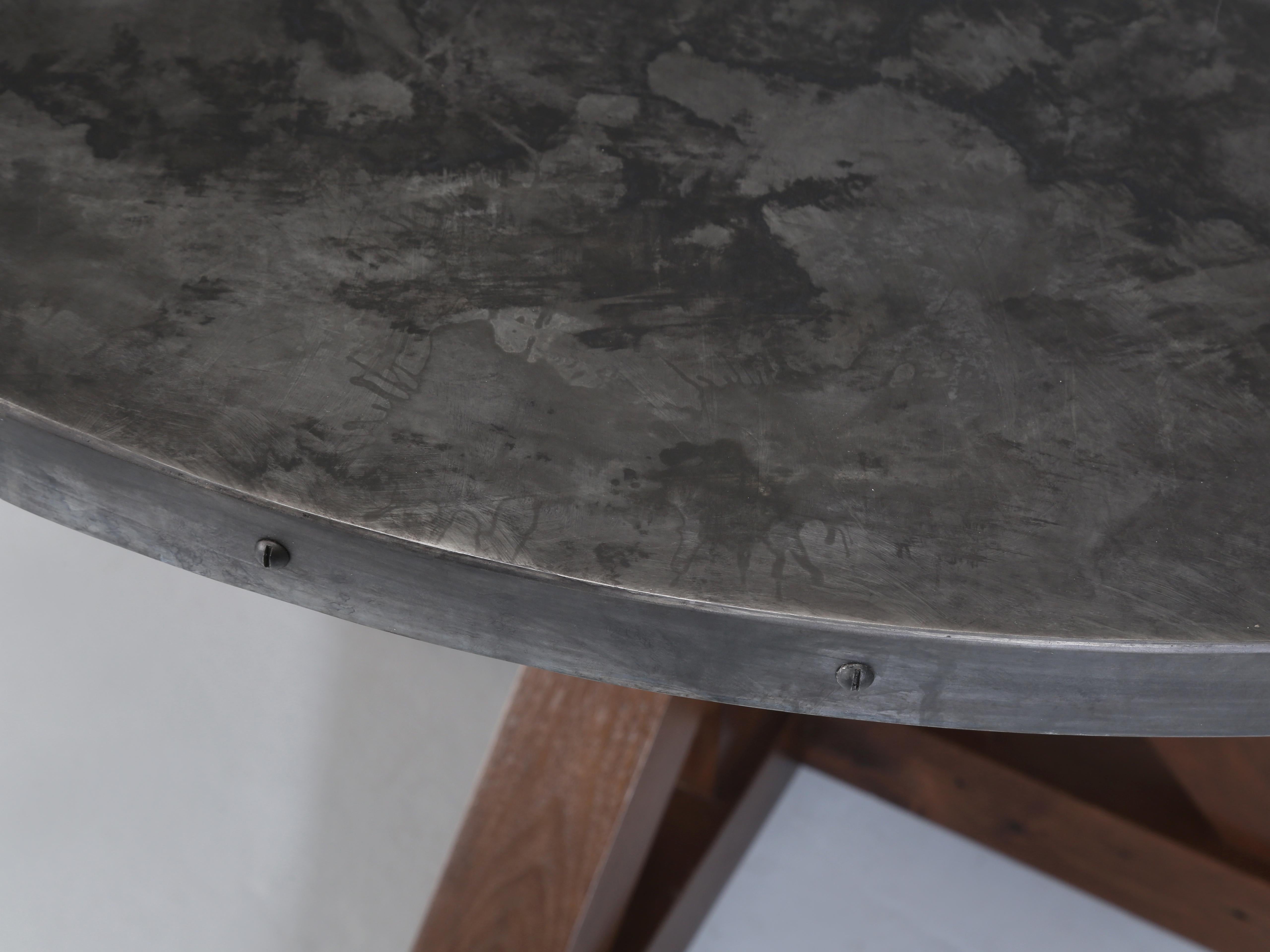 Industrial Round Kitchen Table Aged Zinc Top Solid Walnut Base Available in Any Dimension For Sale