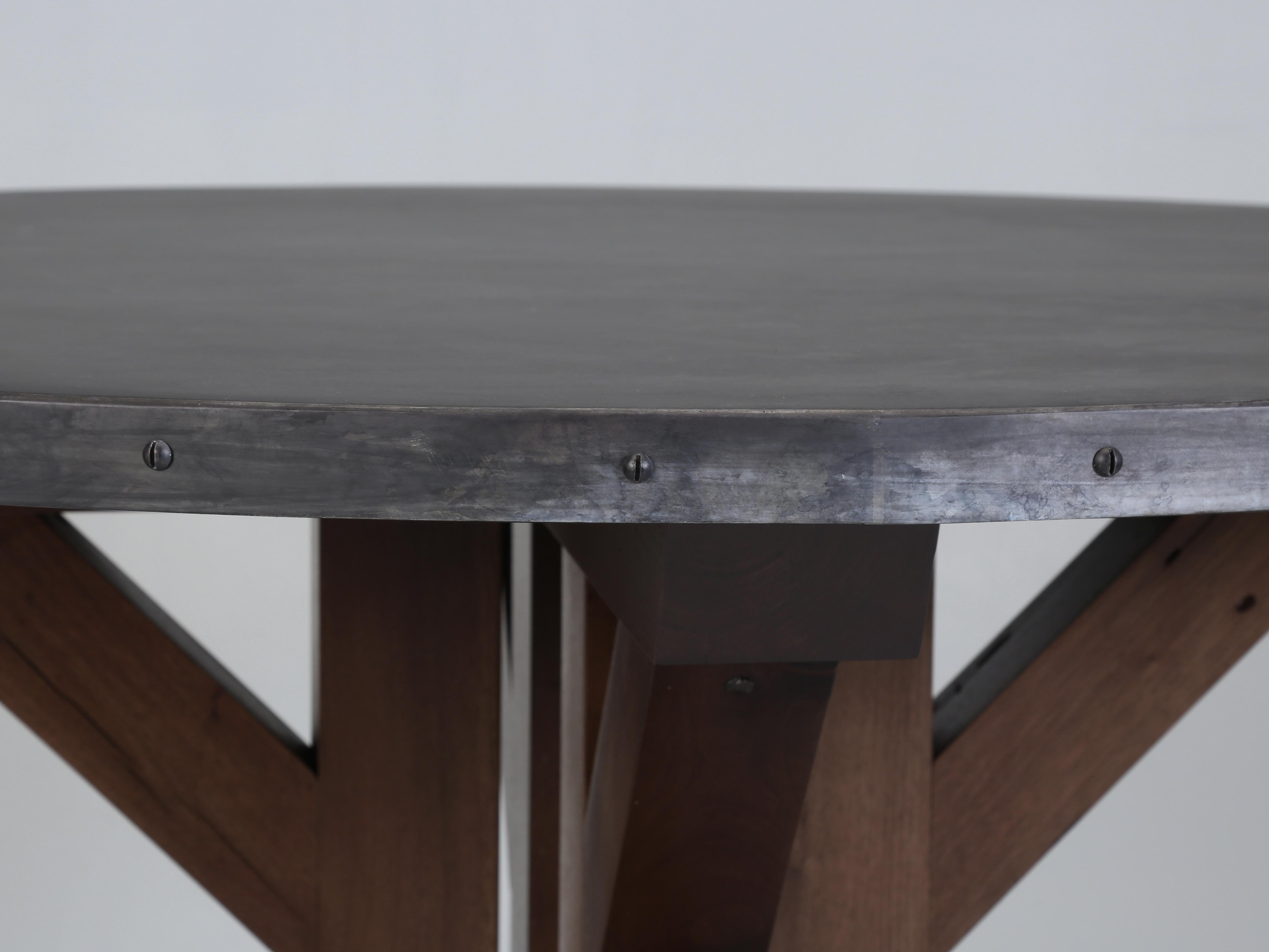 American Round Kitchen Table Aged Zinc Top Solid Walnut Base Available in Any Dimension For Sale