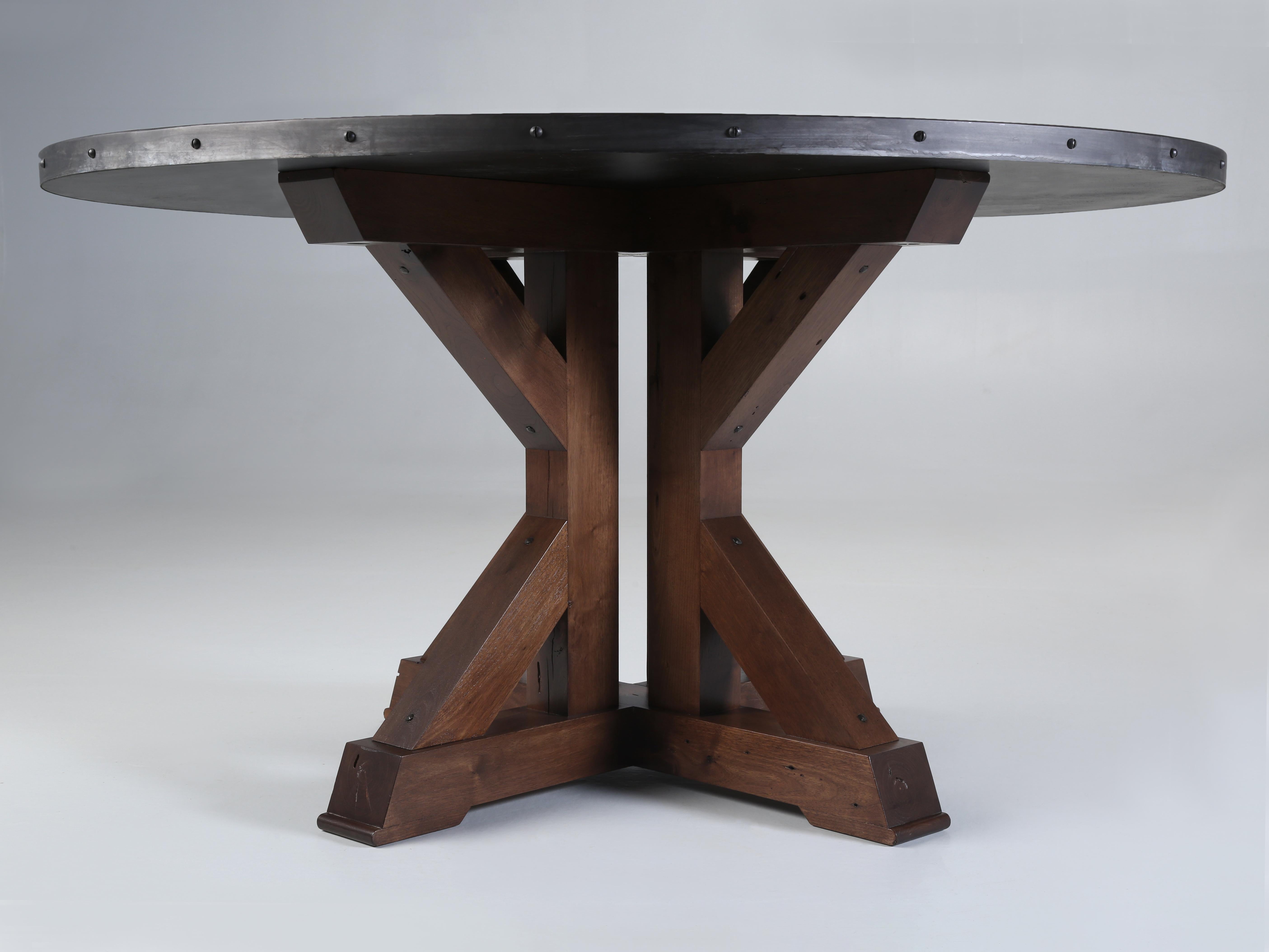 Blackened Round Kitchen Table Aged Zinc Top Solid Walnut Base Available in Any Dimension For Sale