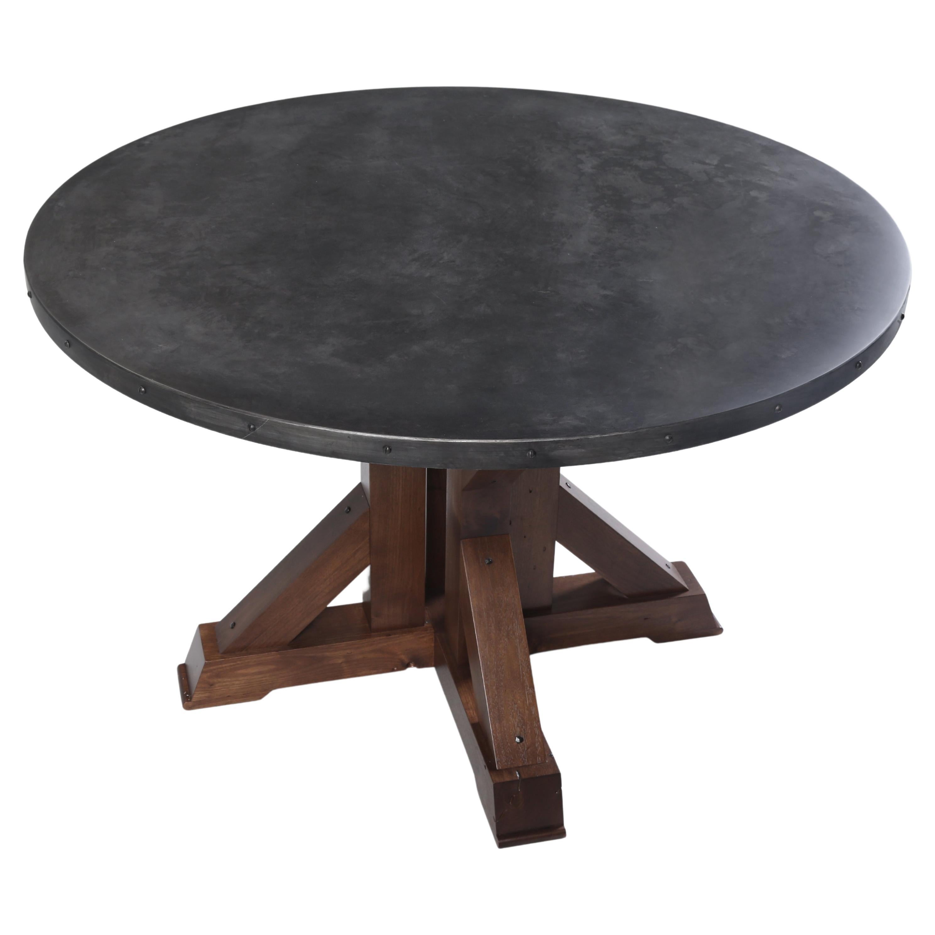 Round Kitchen Table Aged Zinc Top Solid Walnut Base Available in Any Dimension For Sale