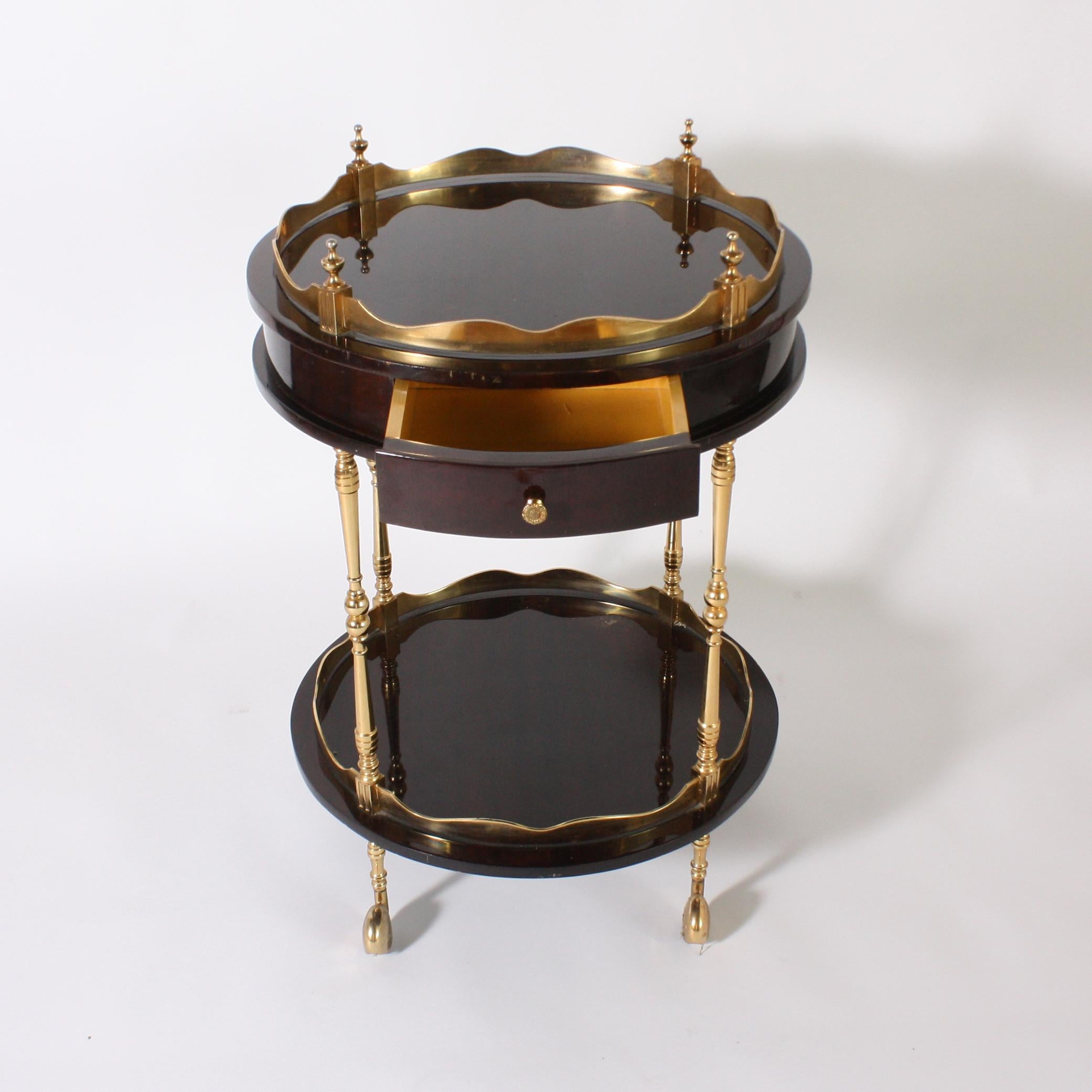 Round Lacquered Bar Cart with Brass Details, circa 1970 In Good Condition In Dallas, TX